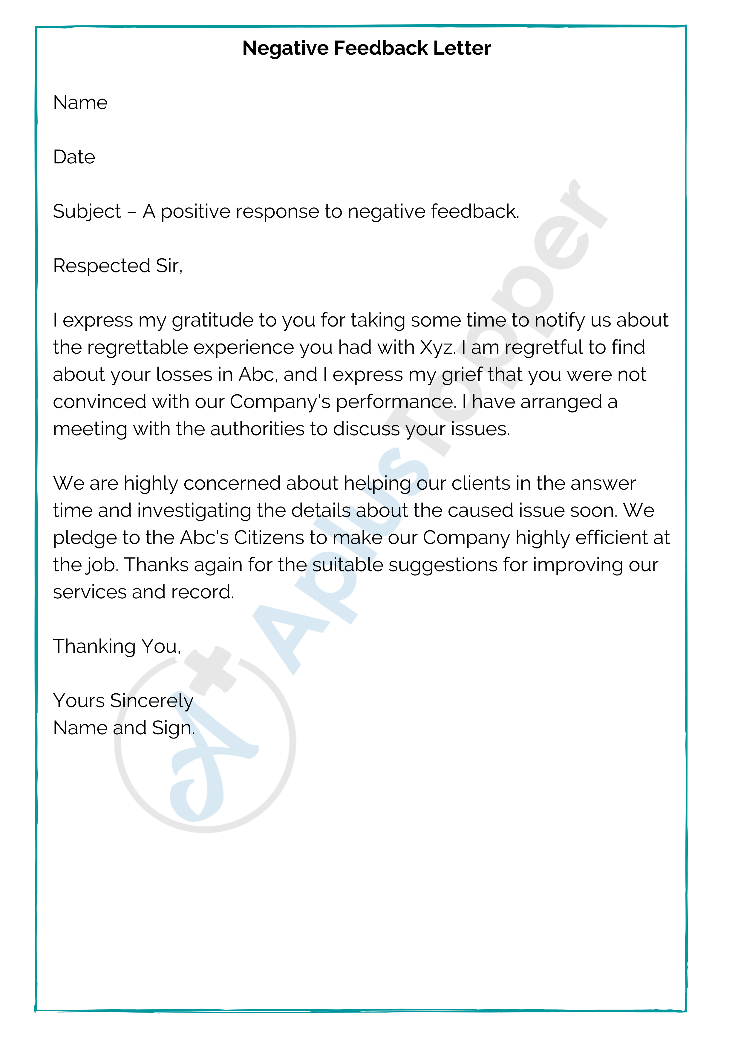 Negative Feedback Letter