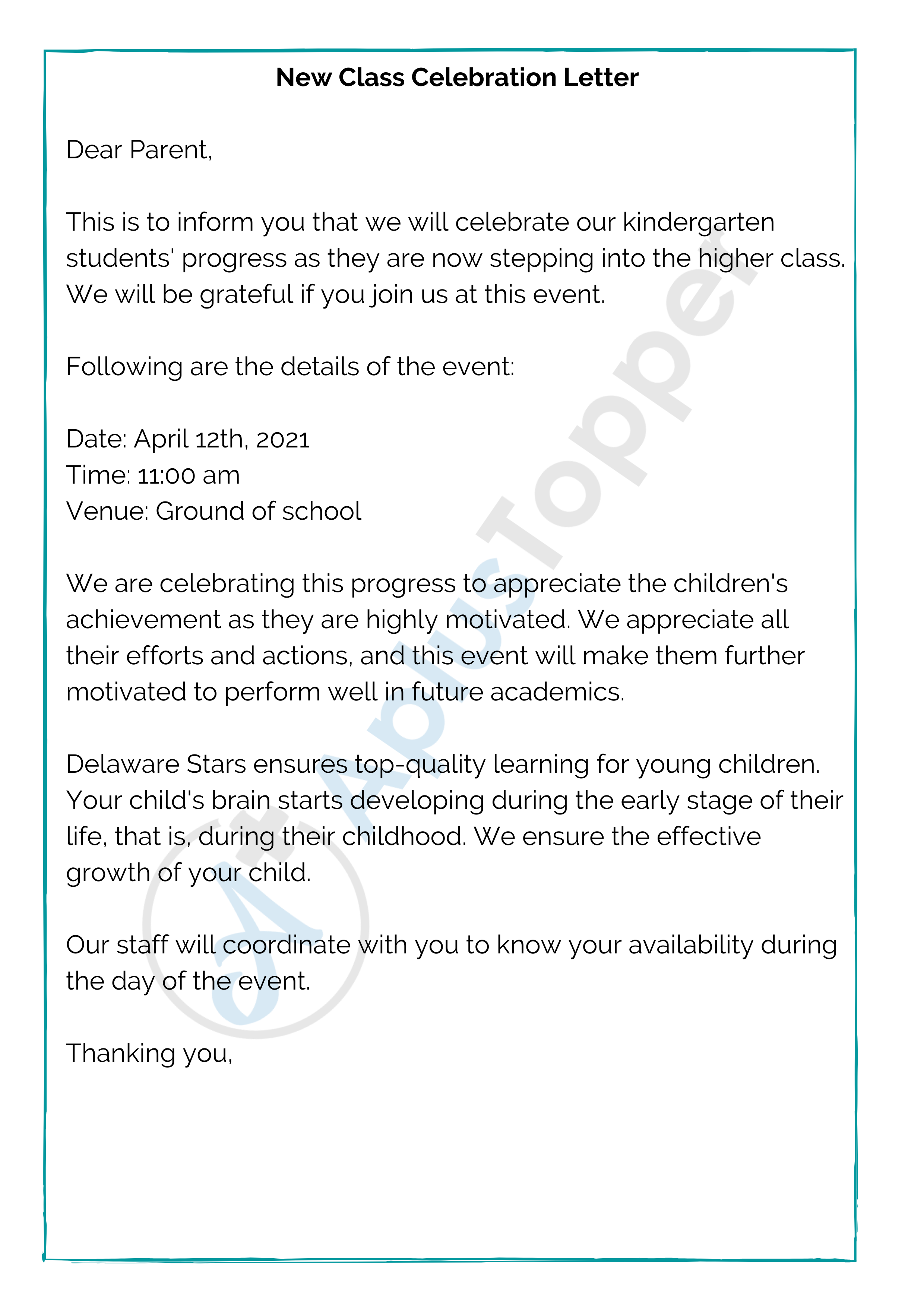 New Class Celebration Letter