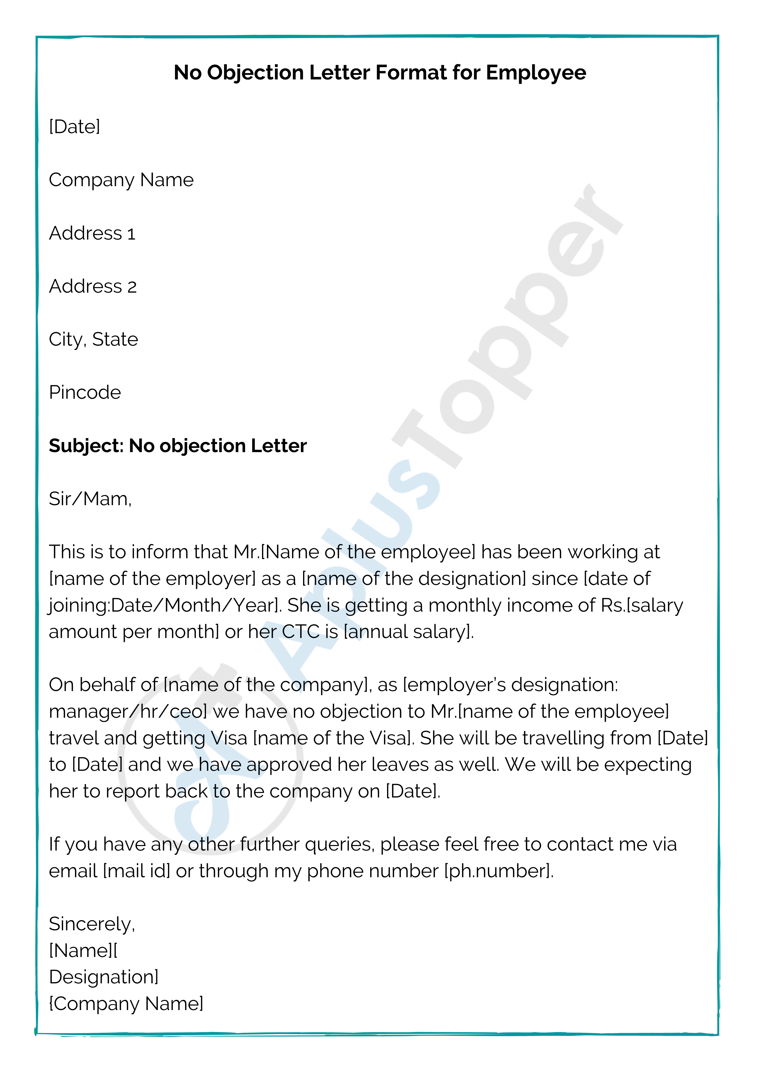 No Objection Letter Format for Employee