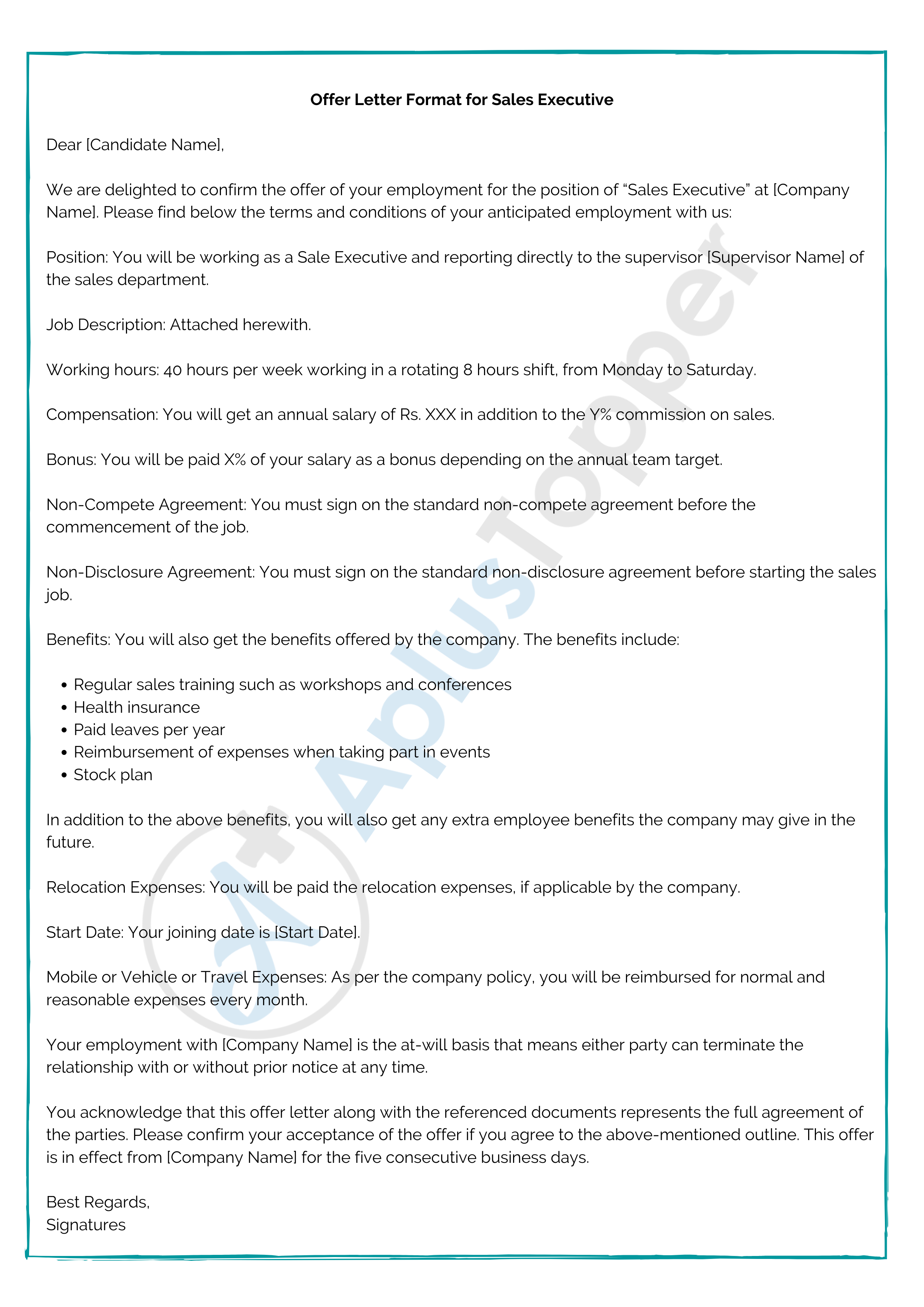 Offer Letter Format For Sales Executive