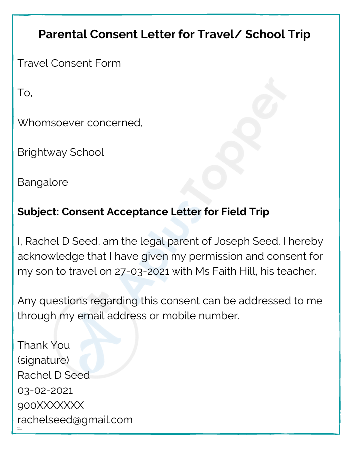 Parental Consent Letter for Travel School