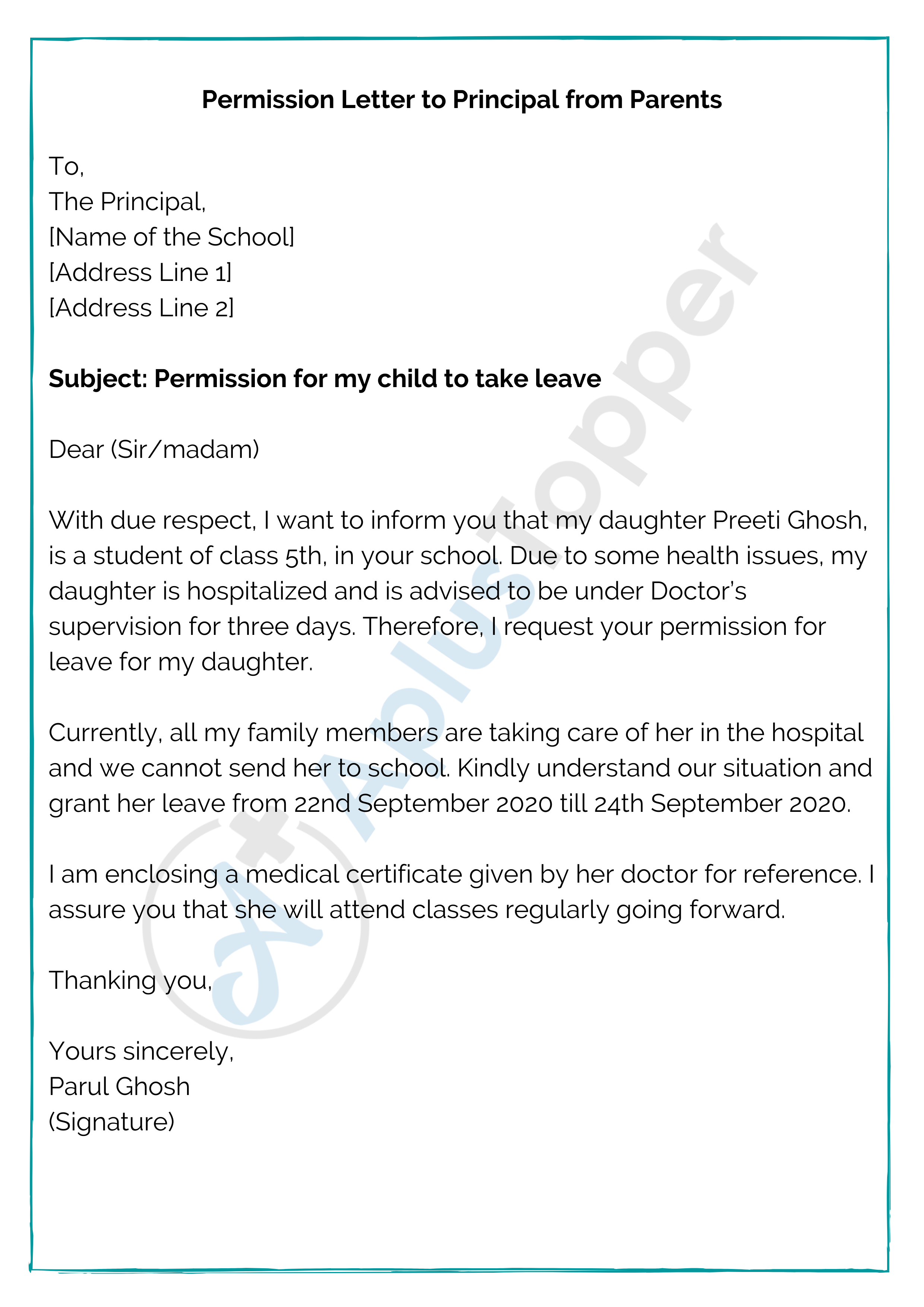 Permission Letter to Principal from Parents