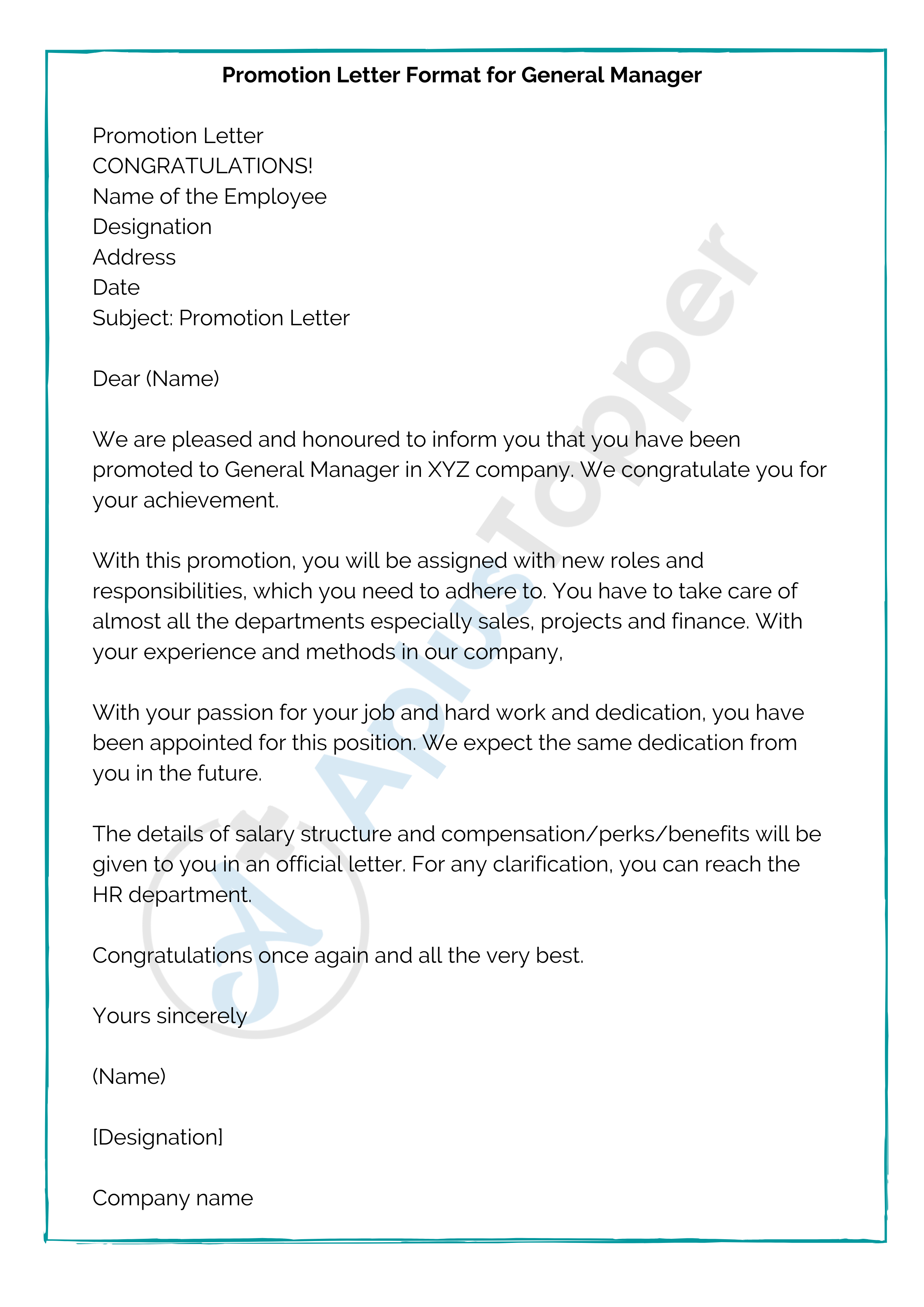 Promotion Letter Format for General Manager