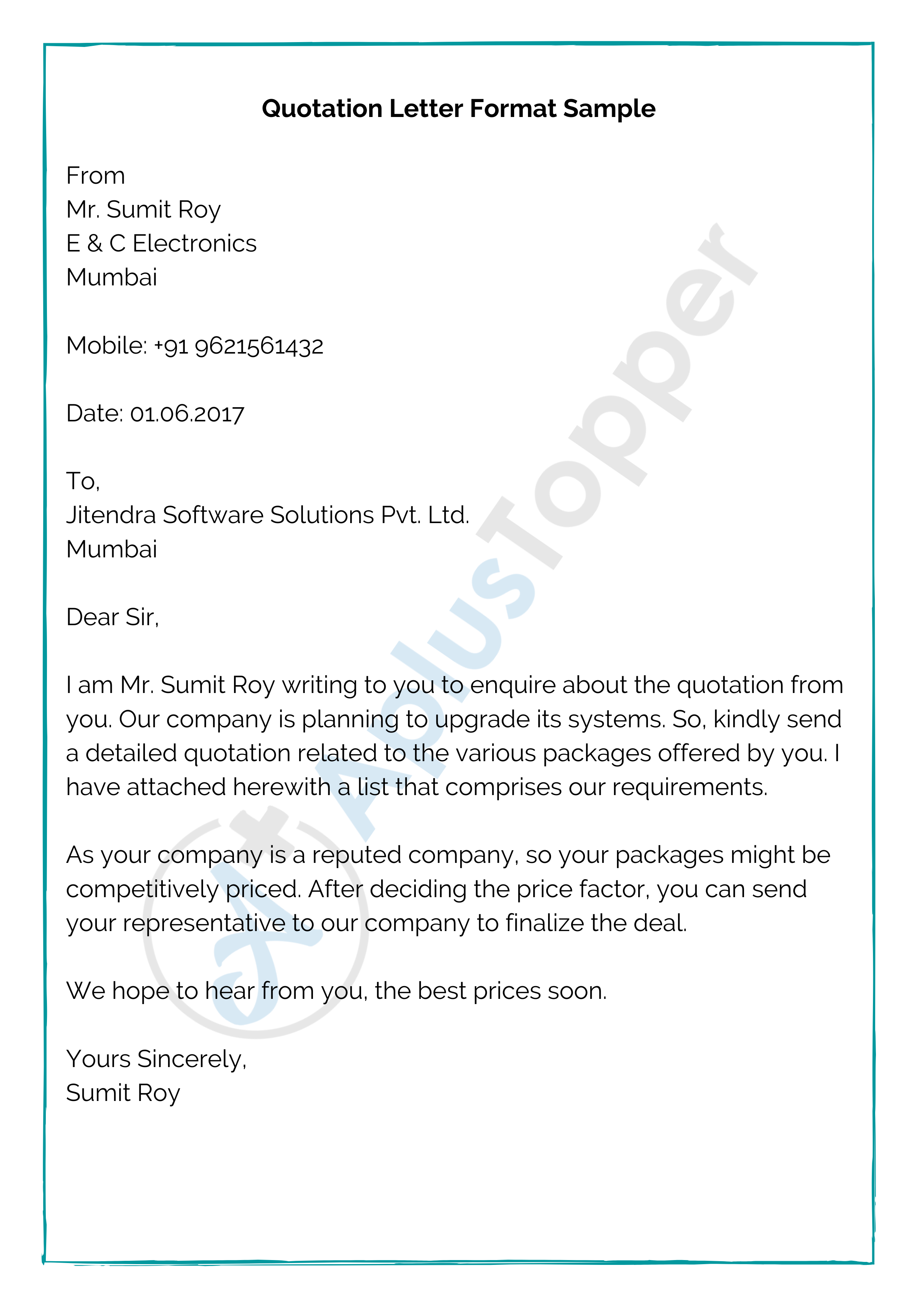 Quotation Format Letter Sample