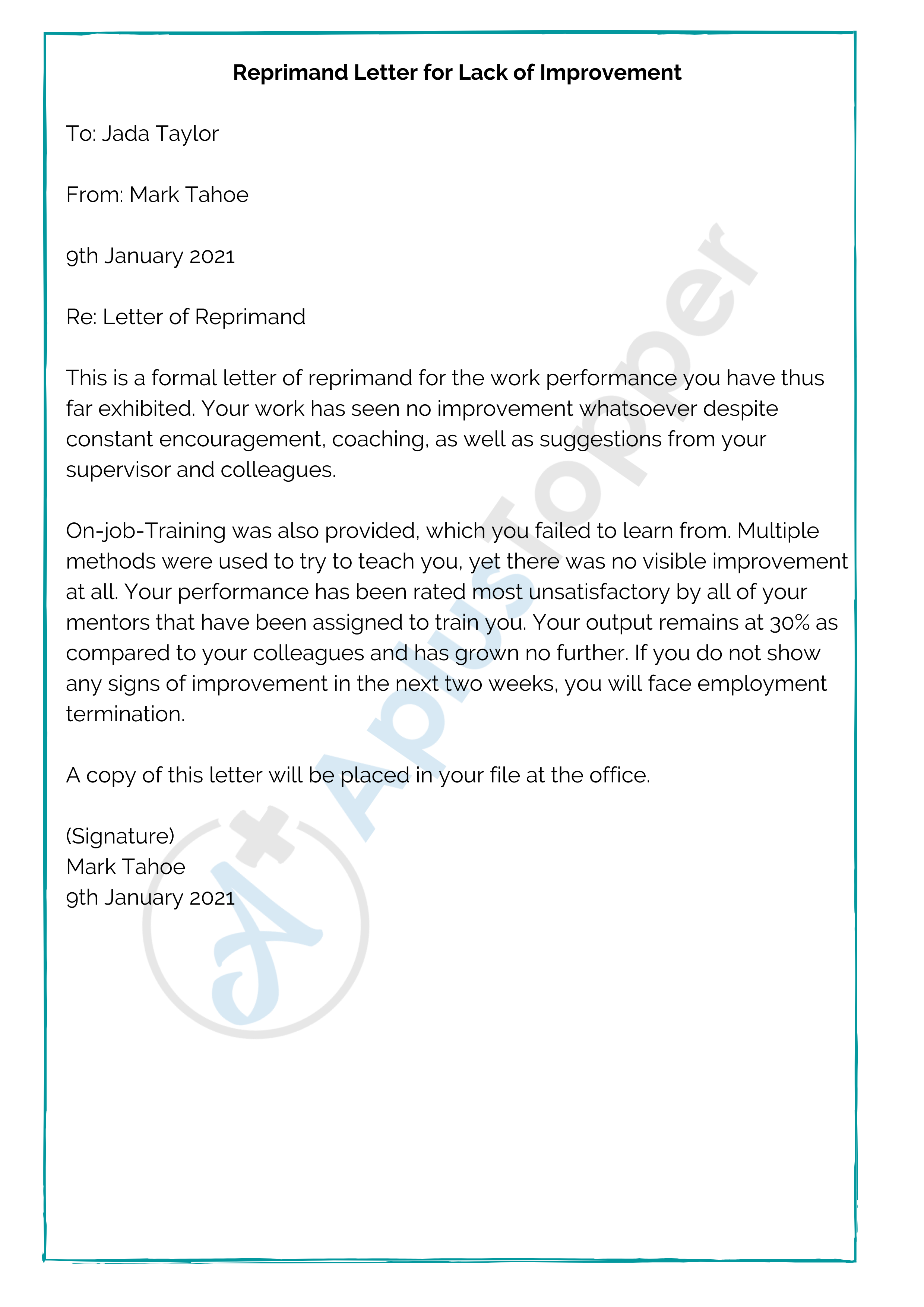 Reprimand Letter for Lack of Improvement