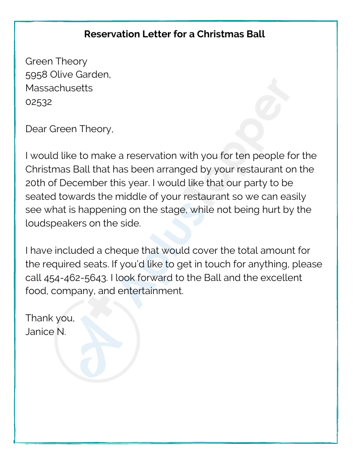 Reservation Letter for a Christmas Ball