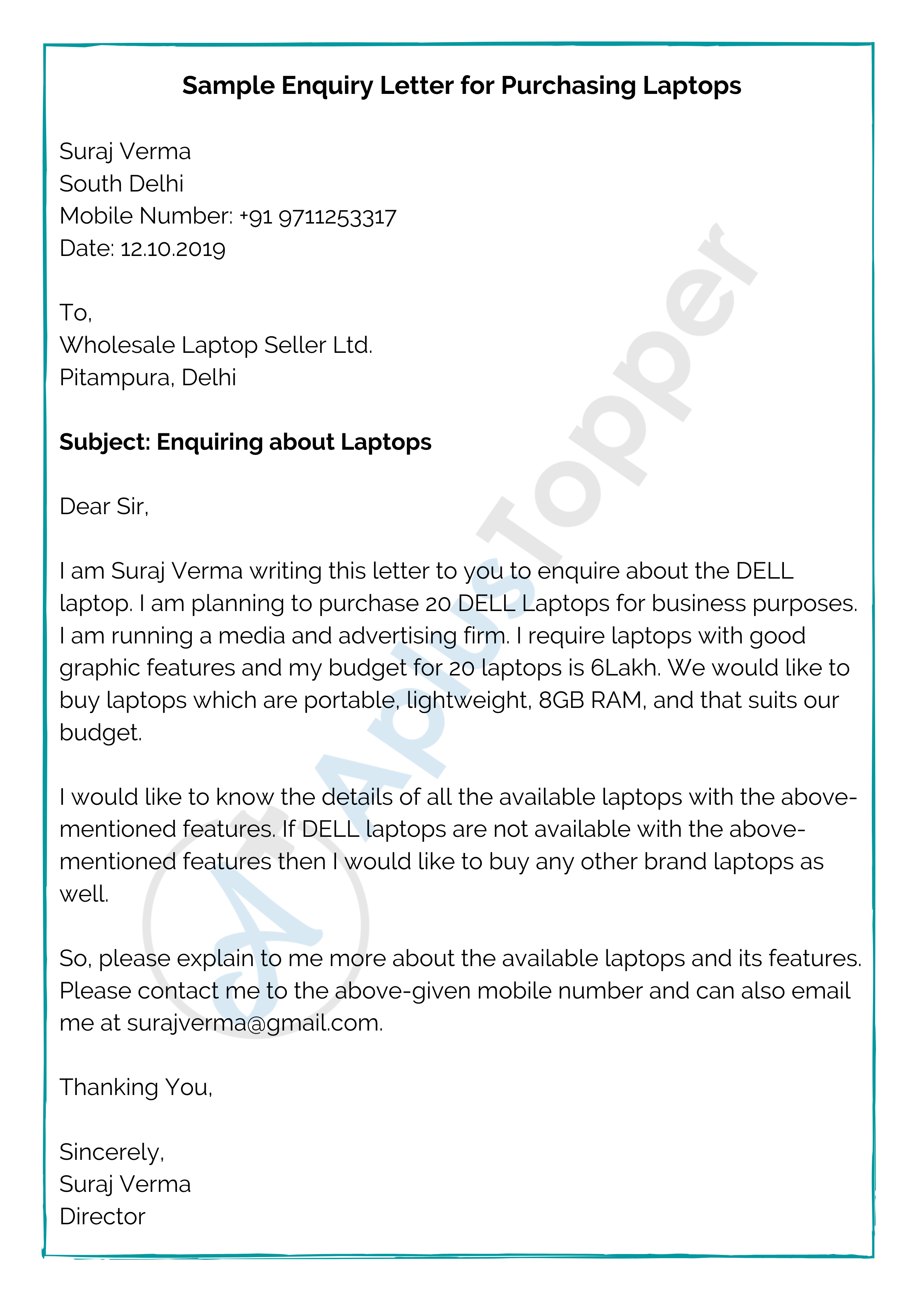 Sample Enquiry Letter for Purchasing Laptops