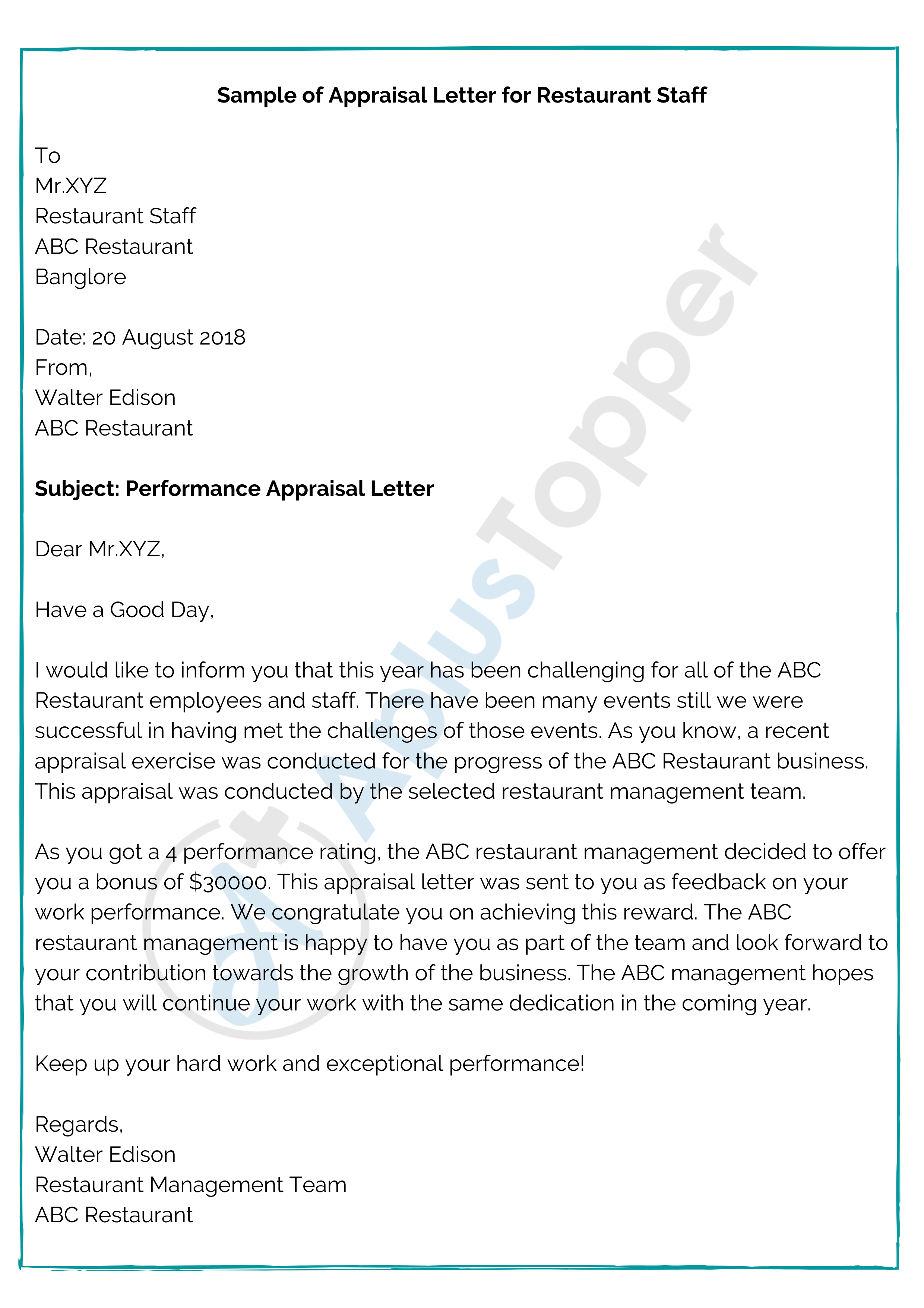 Sample of Appraisal Letter for Restaurant Staff