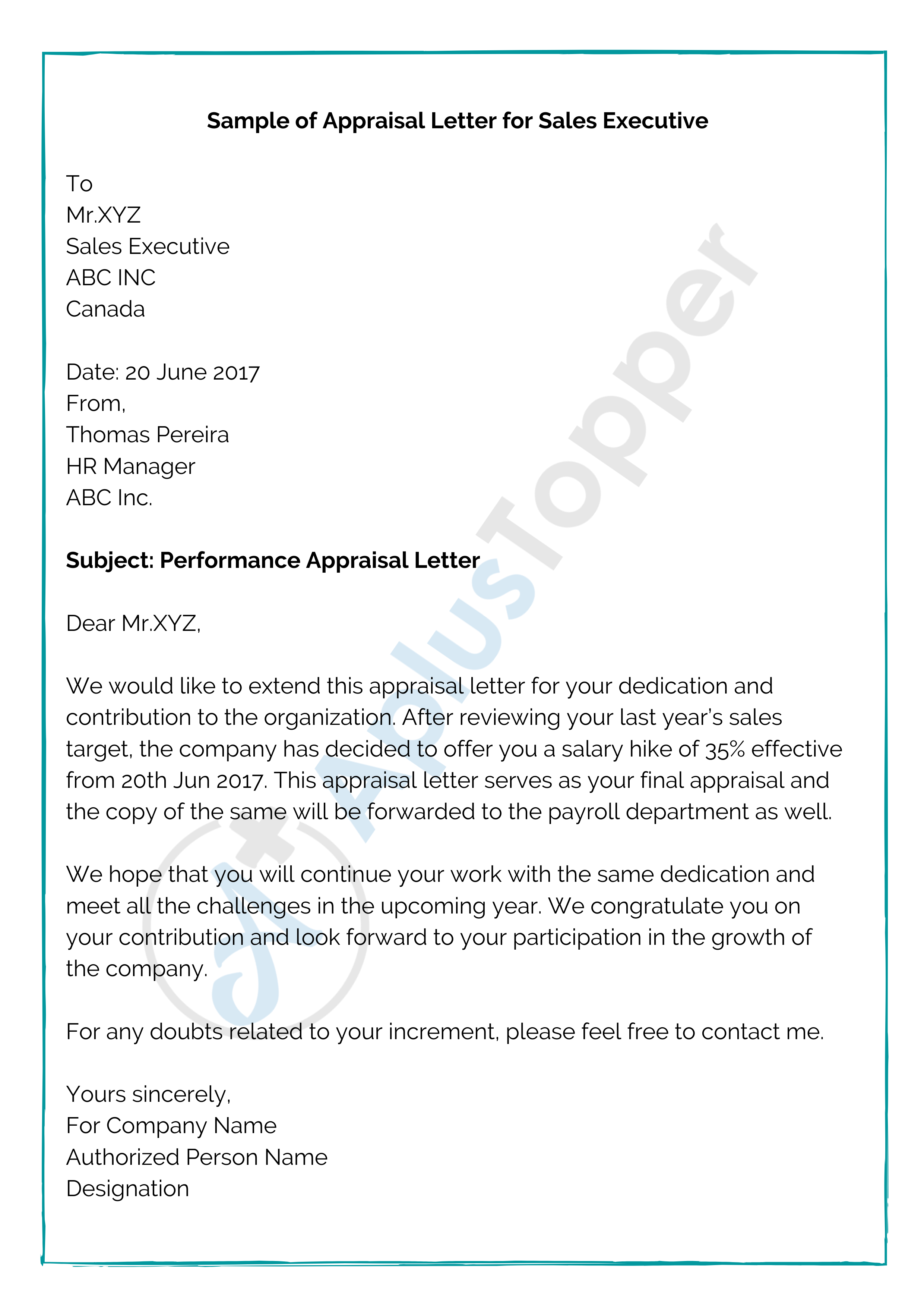 Sample of Appraisal Letter for Sales Executive