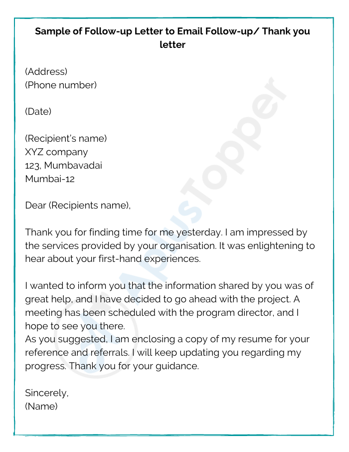 Sample of Follow-up Letter to Email Follow-up Thank you letter