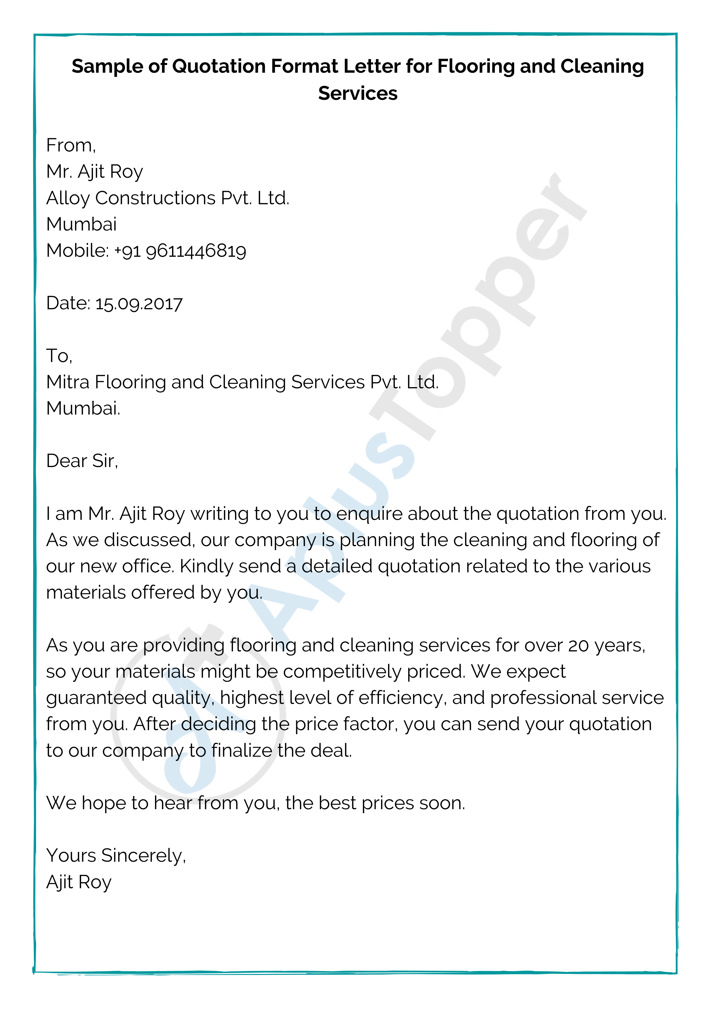 Sample of Quotation Format Letter for Flooring and Cleaning Services