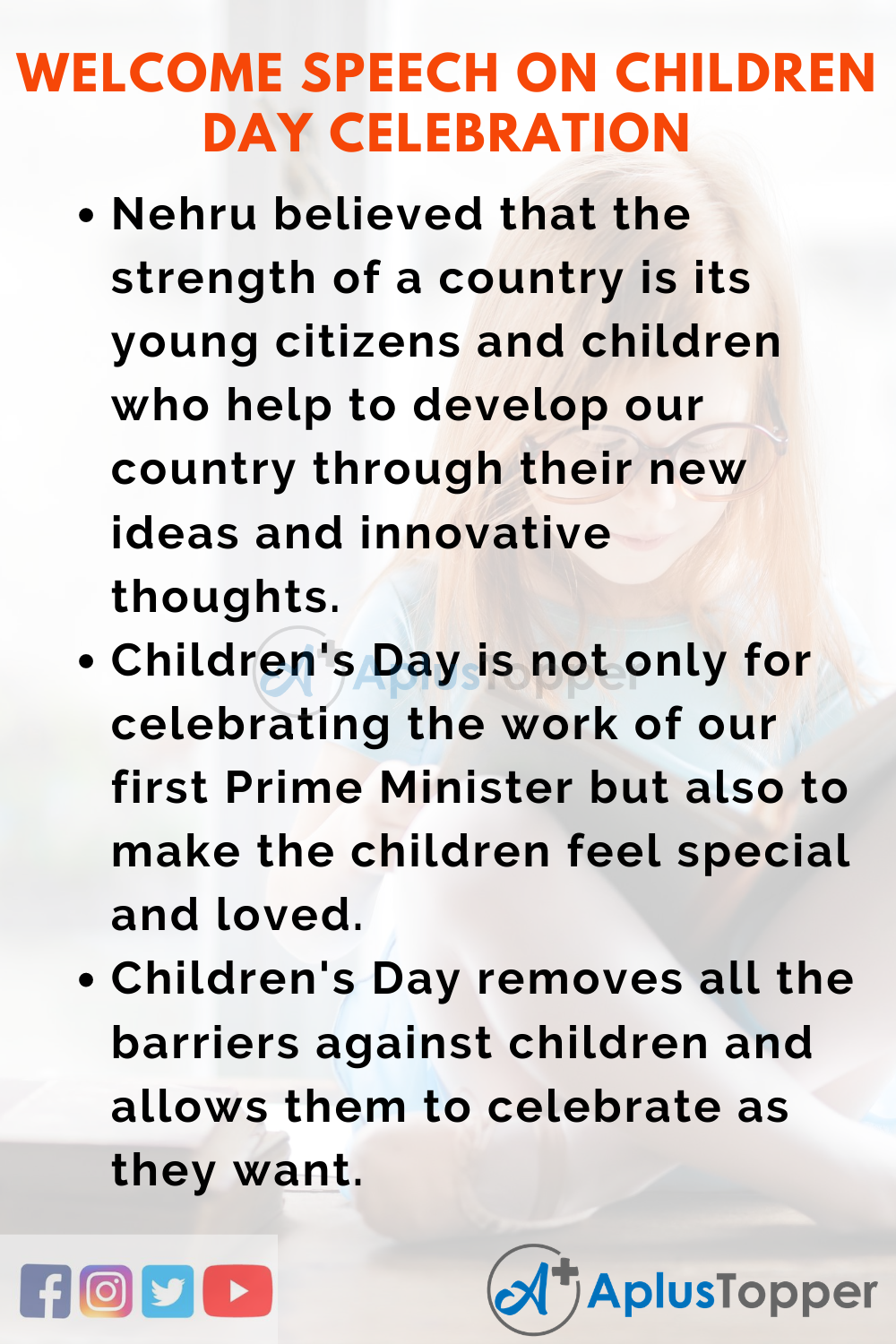 Short Welcome Speech On Children's Day Celebration 150 words In English