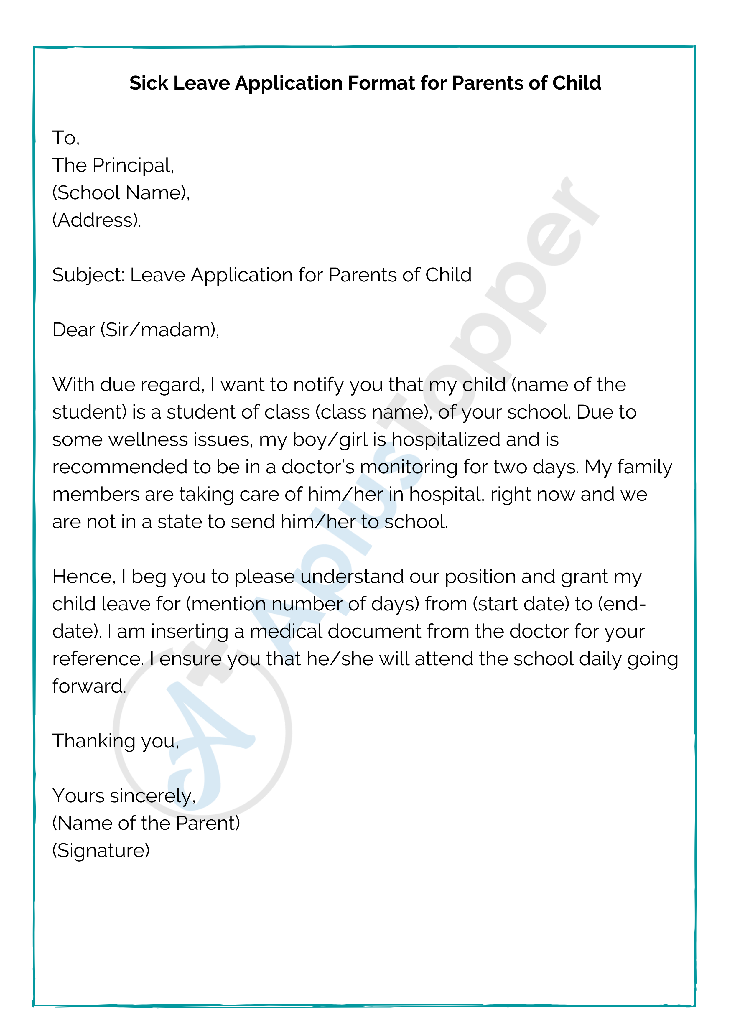 Sick Leave Application Format for Parents of Child