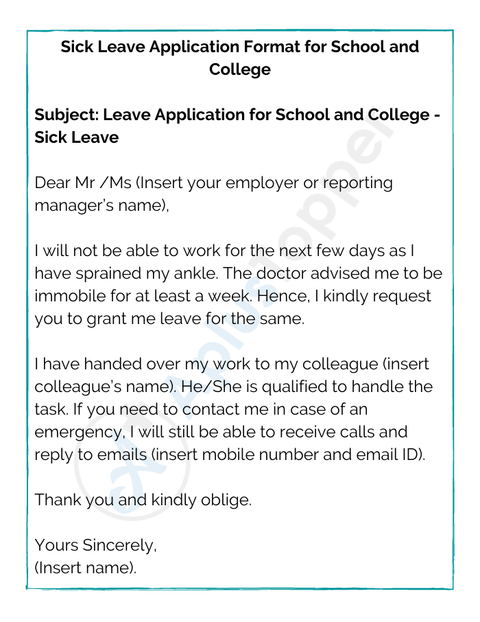 Sick Leave Application Format for School and College