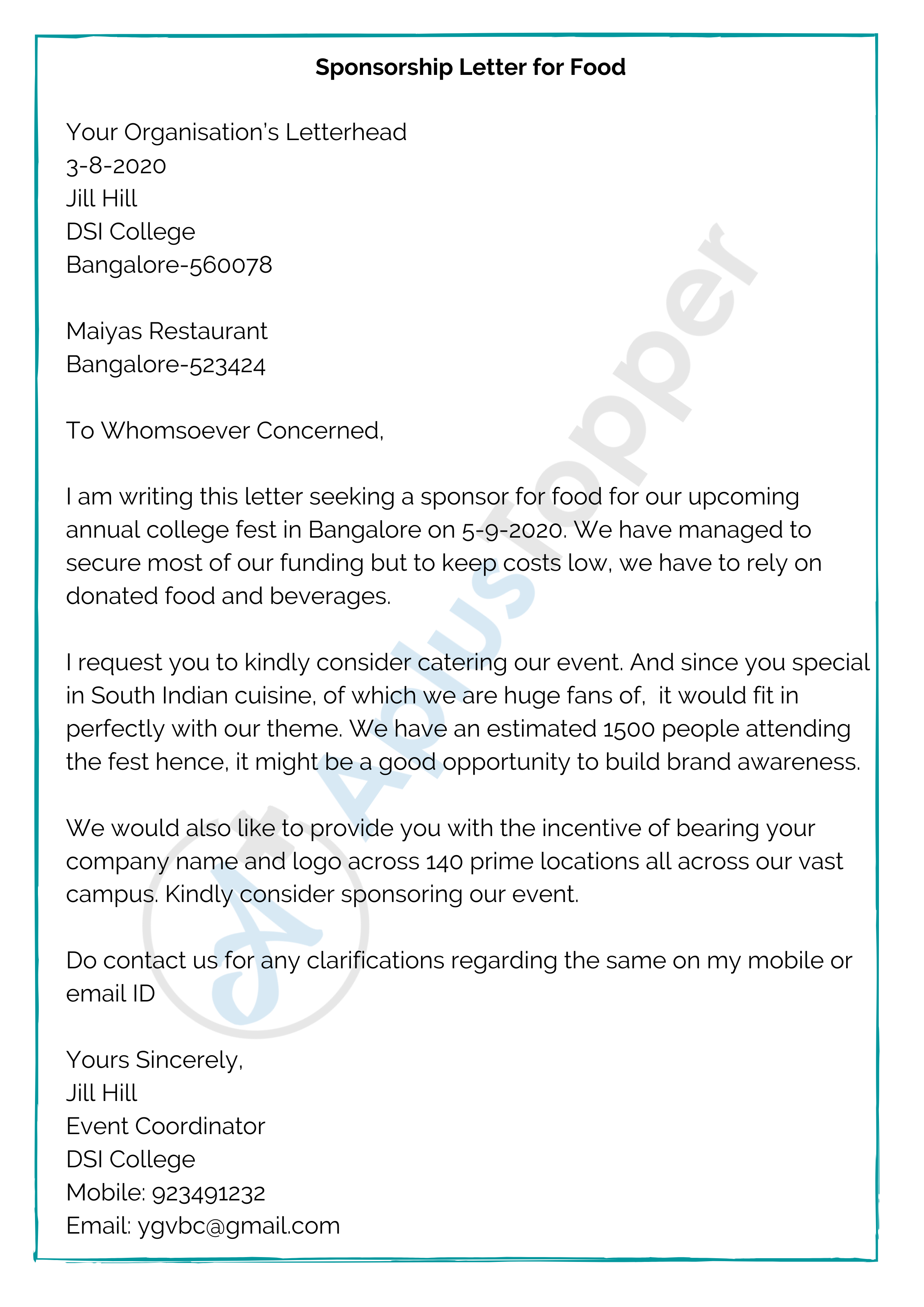 Sponsorship Letter Food