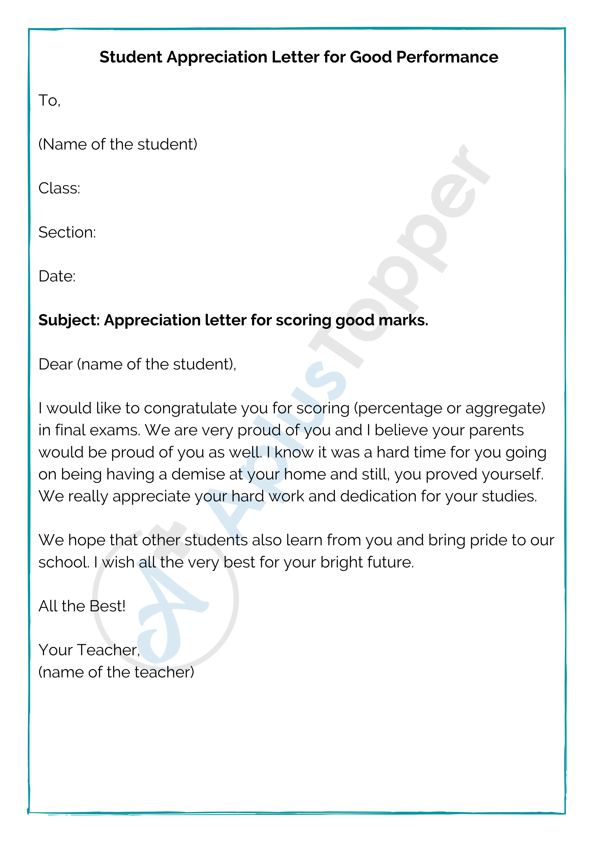 Student Appreciation Letter for Good Performance