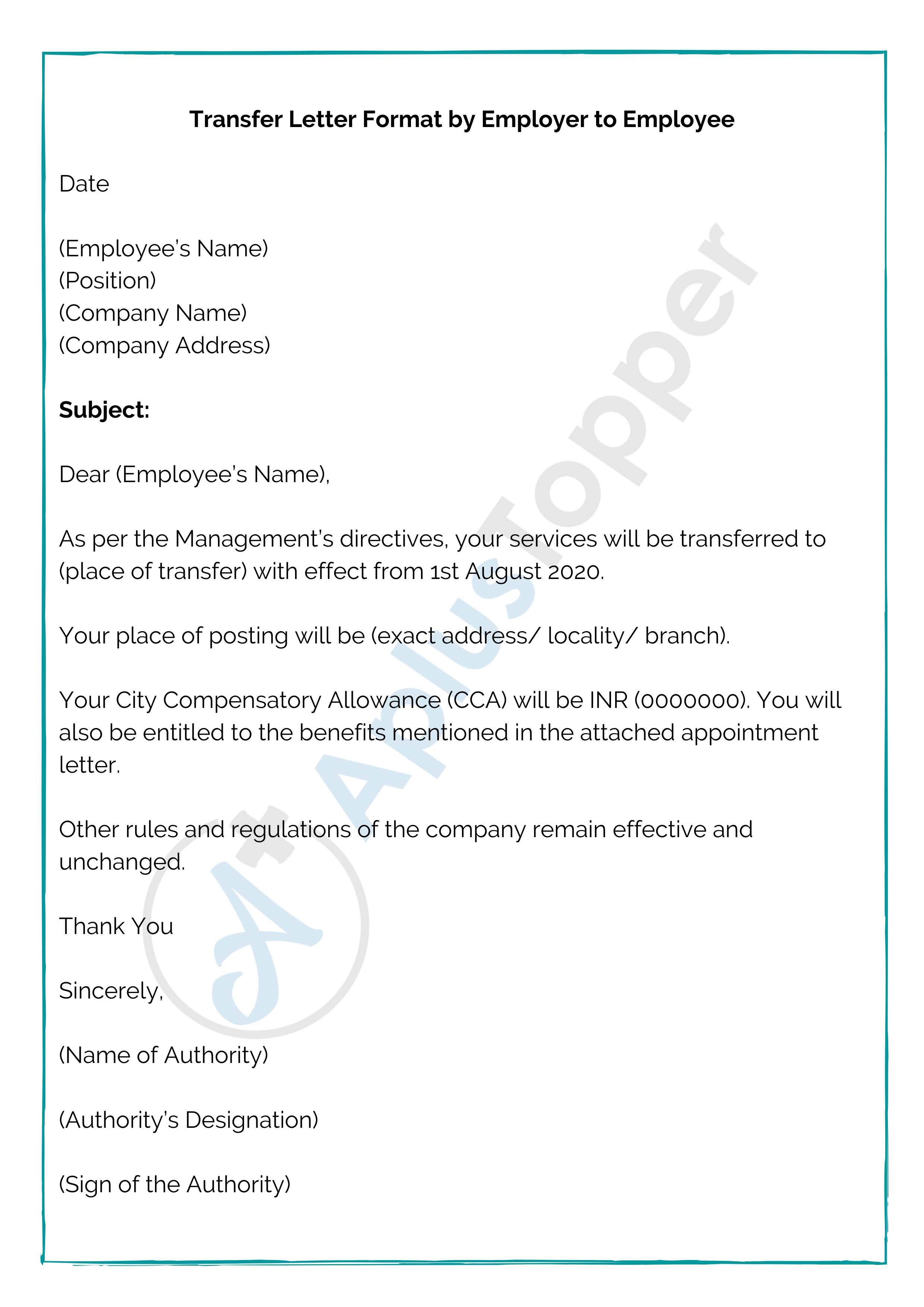 Transfer Letter Format By Employer To Employee