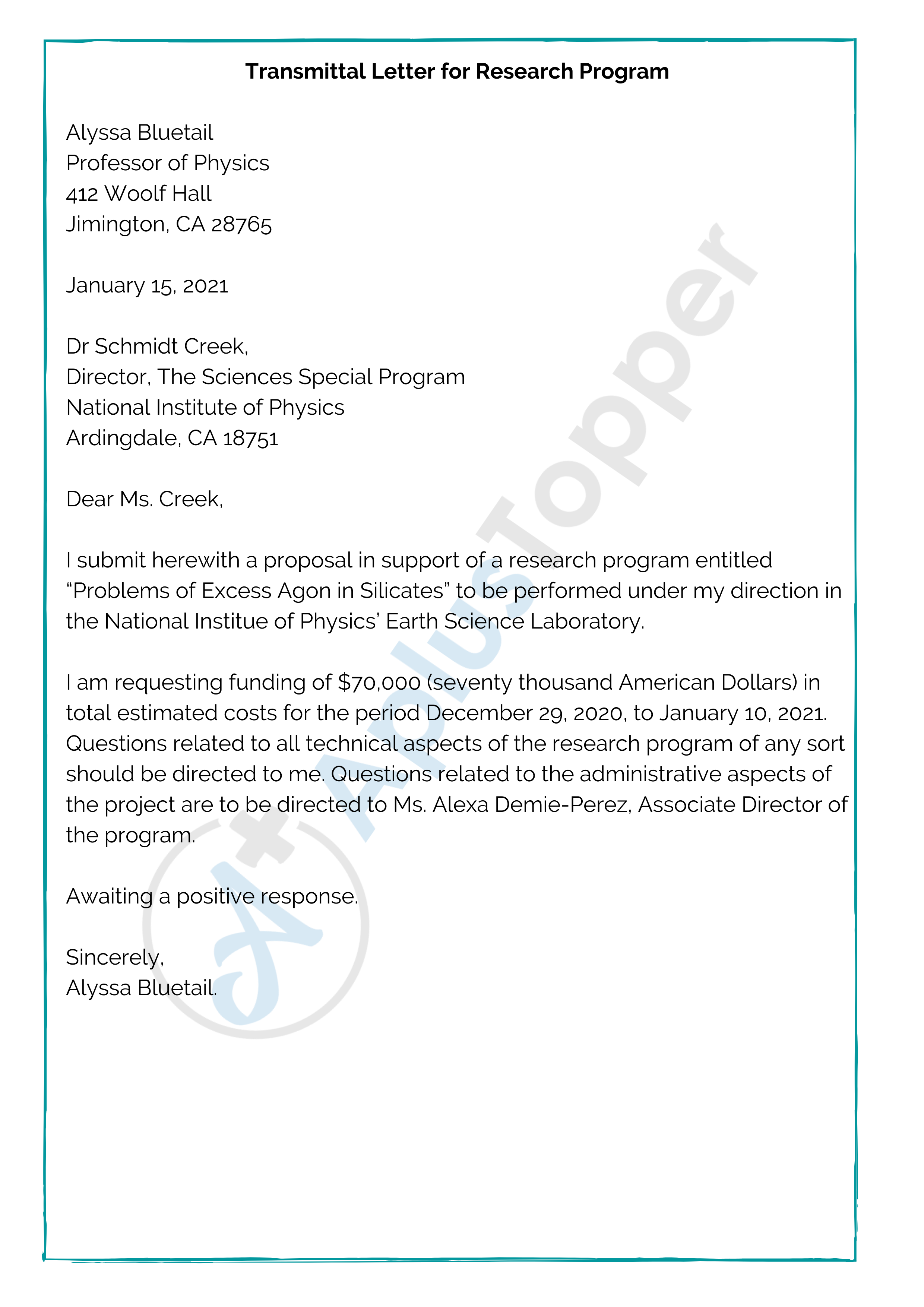 Transmittal Letter for Research Program