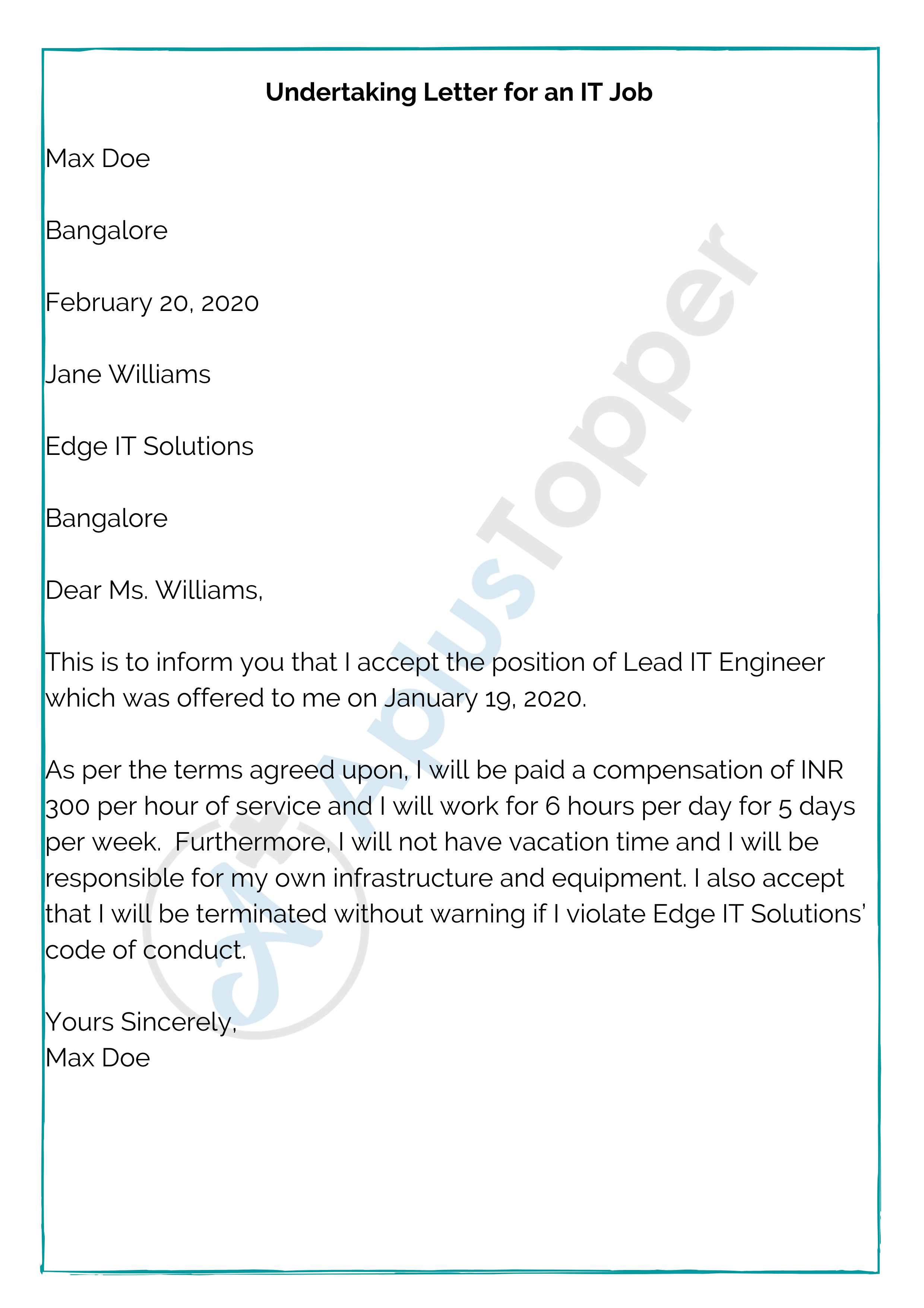 Undertaking Letter for an IT Job