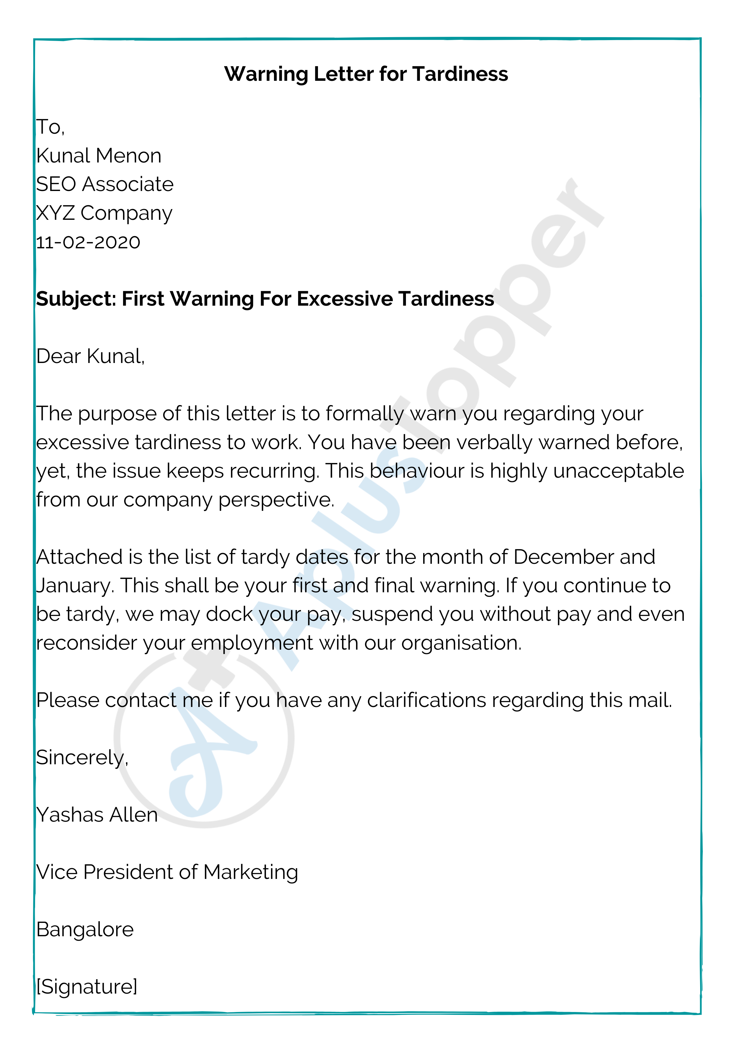 Warning Letter for Tardiness