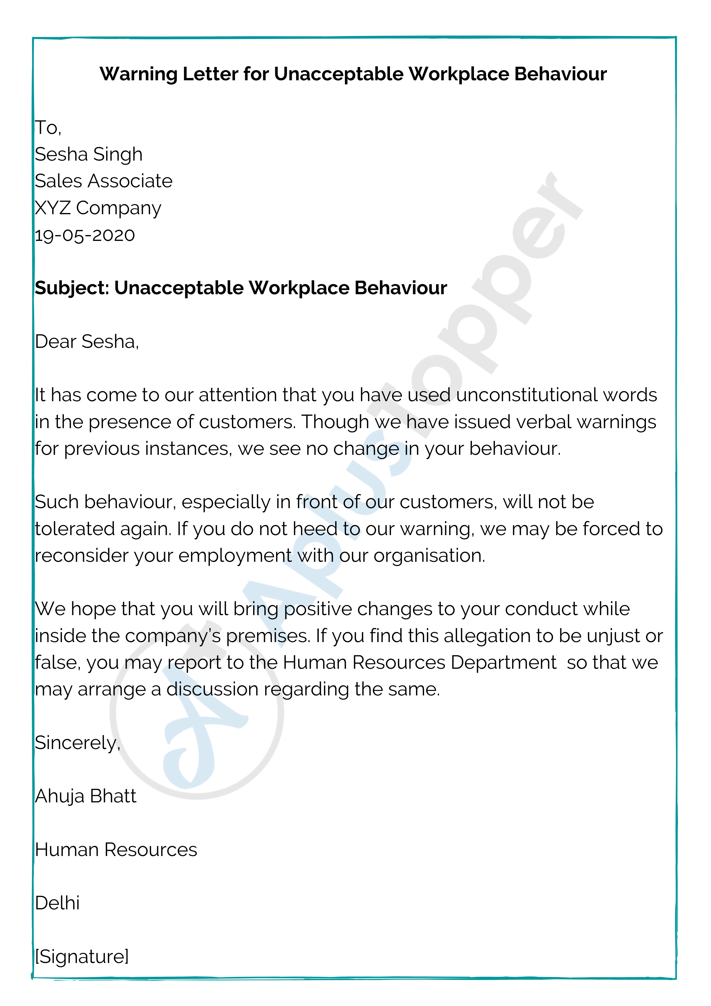 Warning Letter for Unacceptable Workplace Behaviour