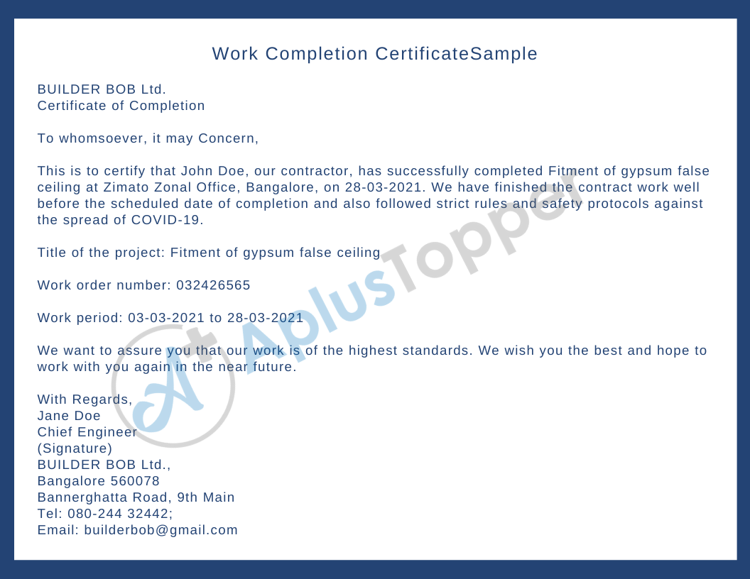 Work Completion Certificate Sample