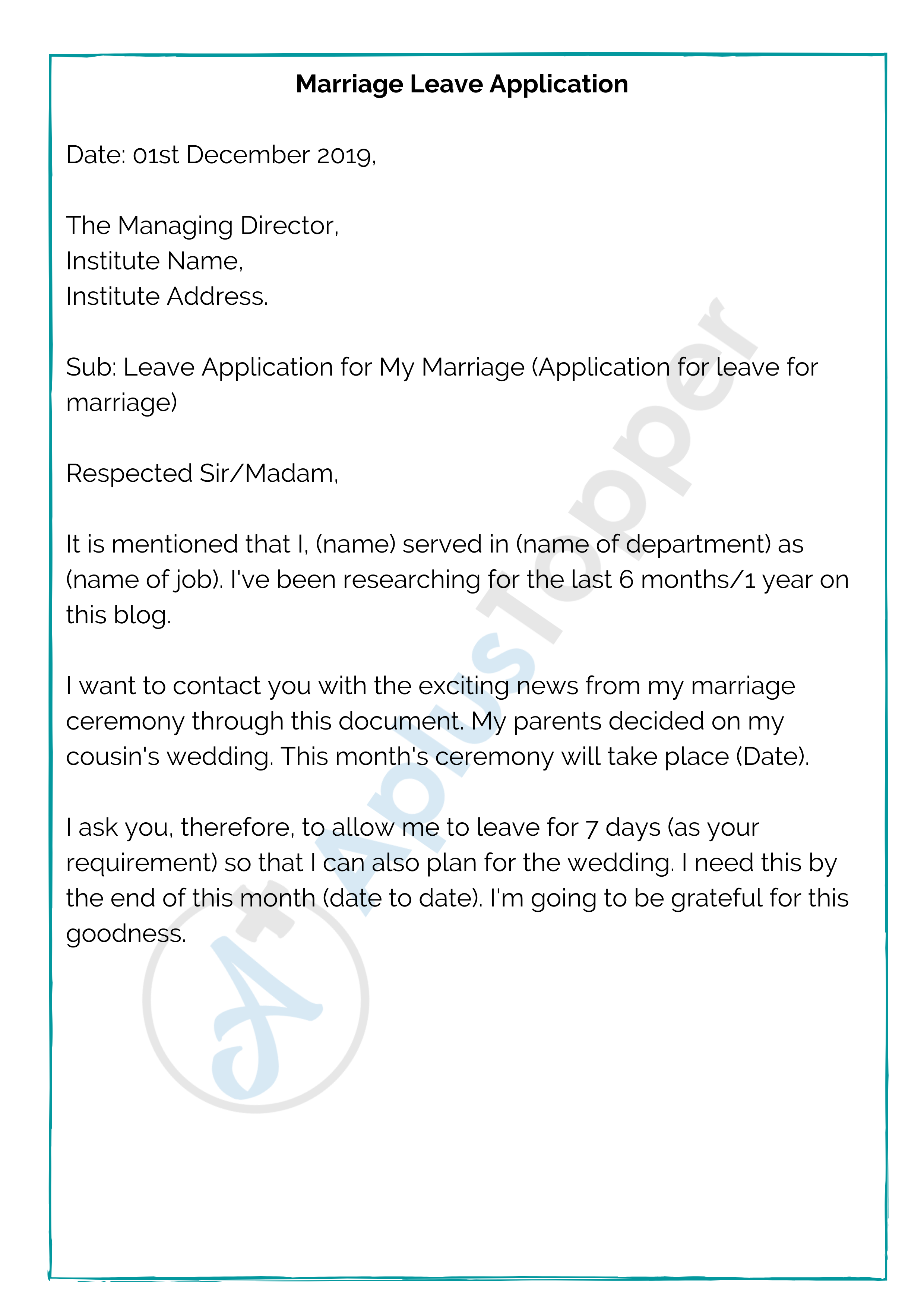 leave application letter for marriage