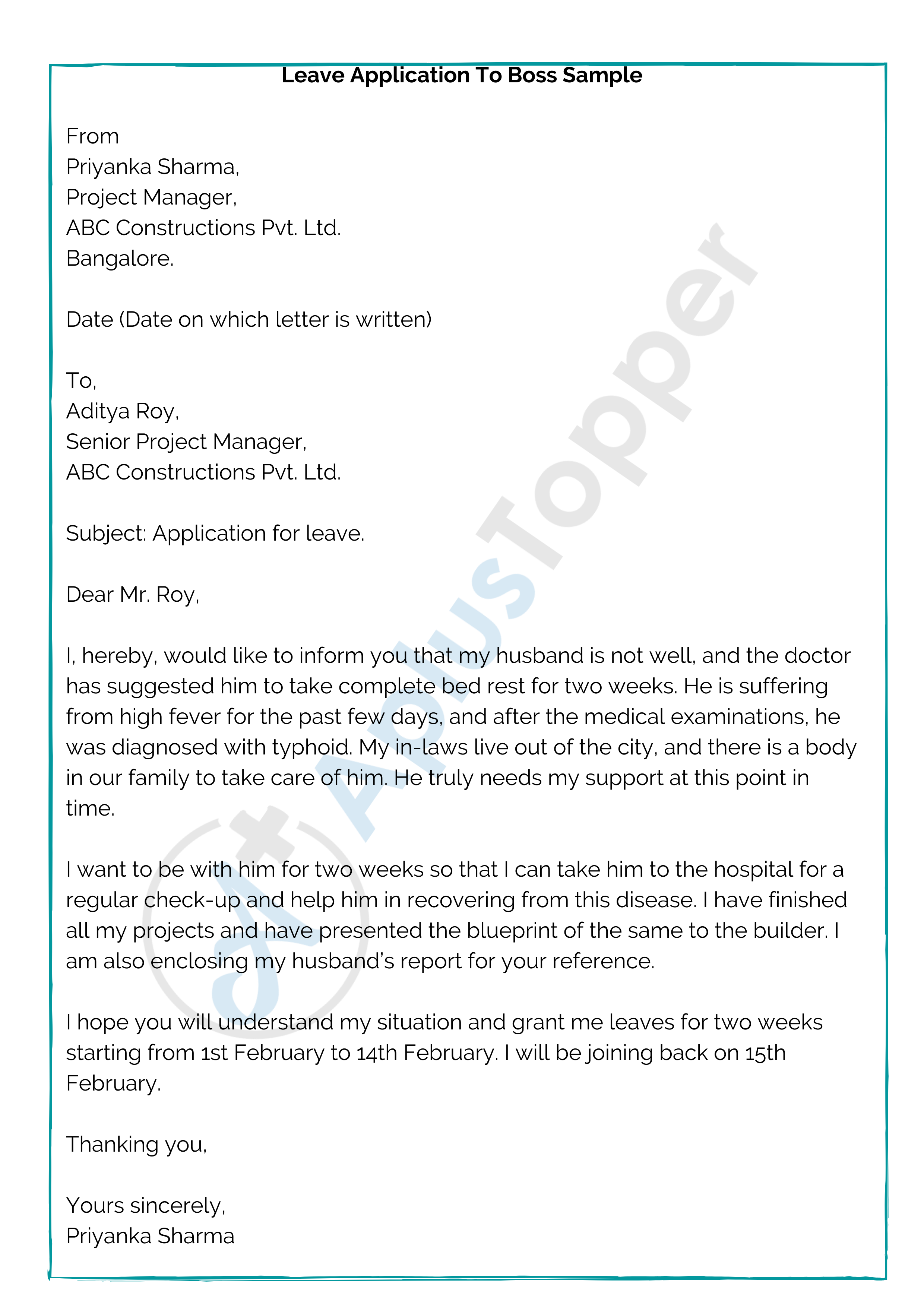 leave application letter to office
