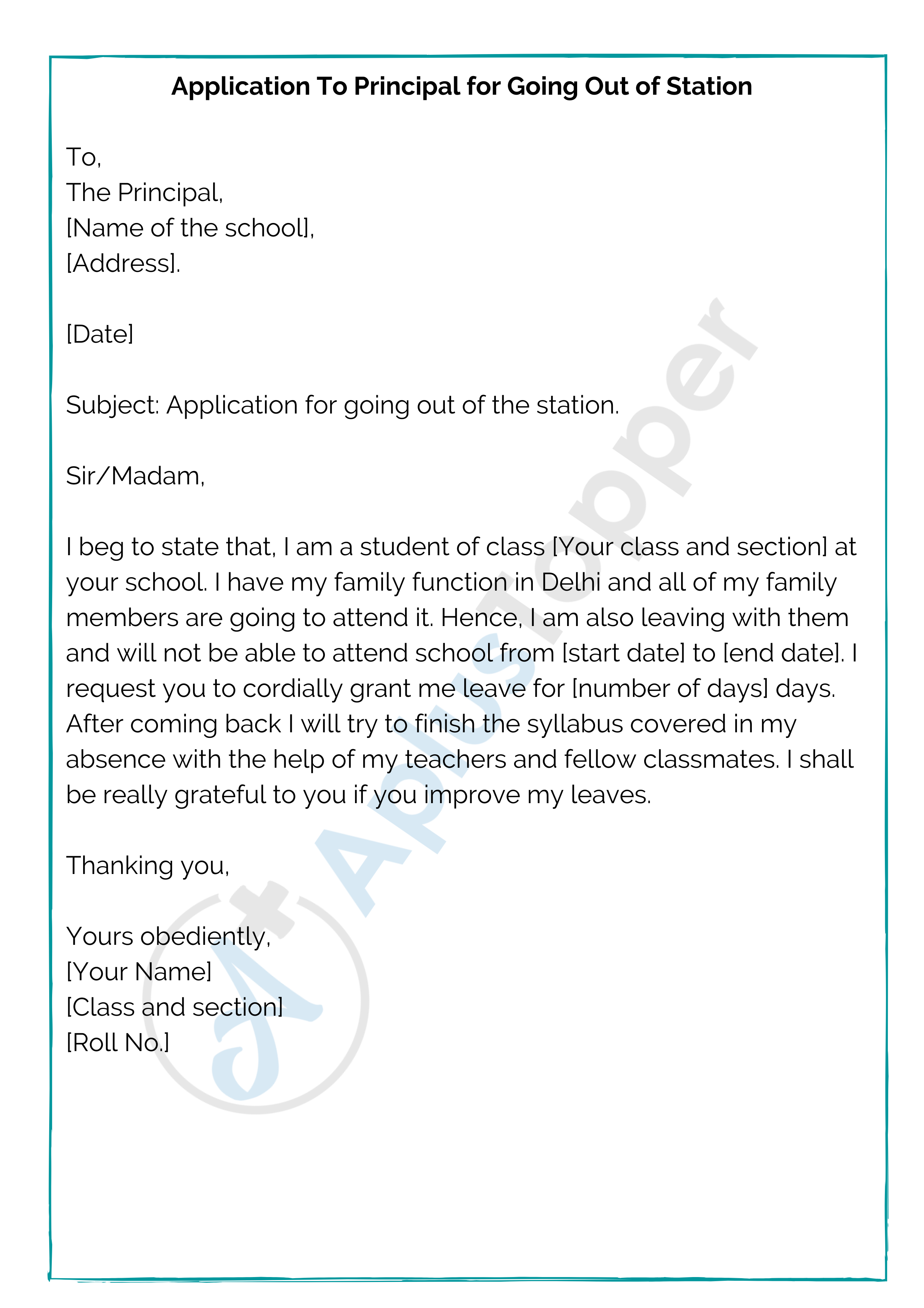 Application To Principal for Going Out of Station