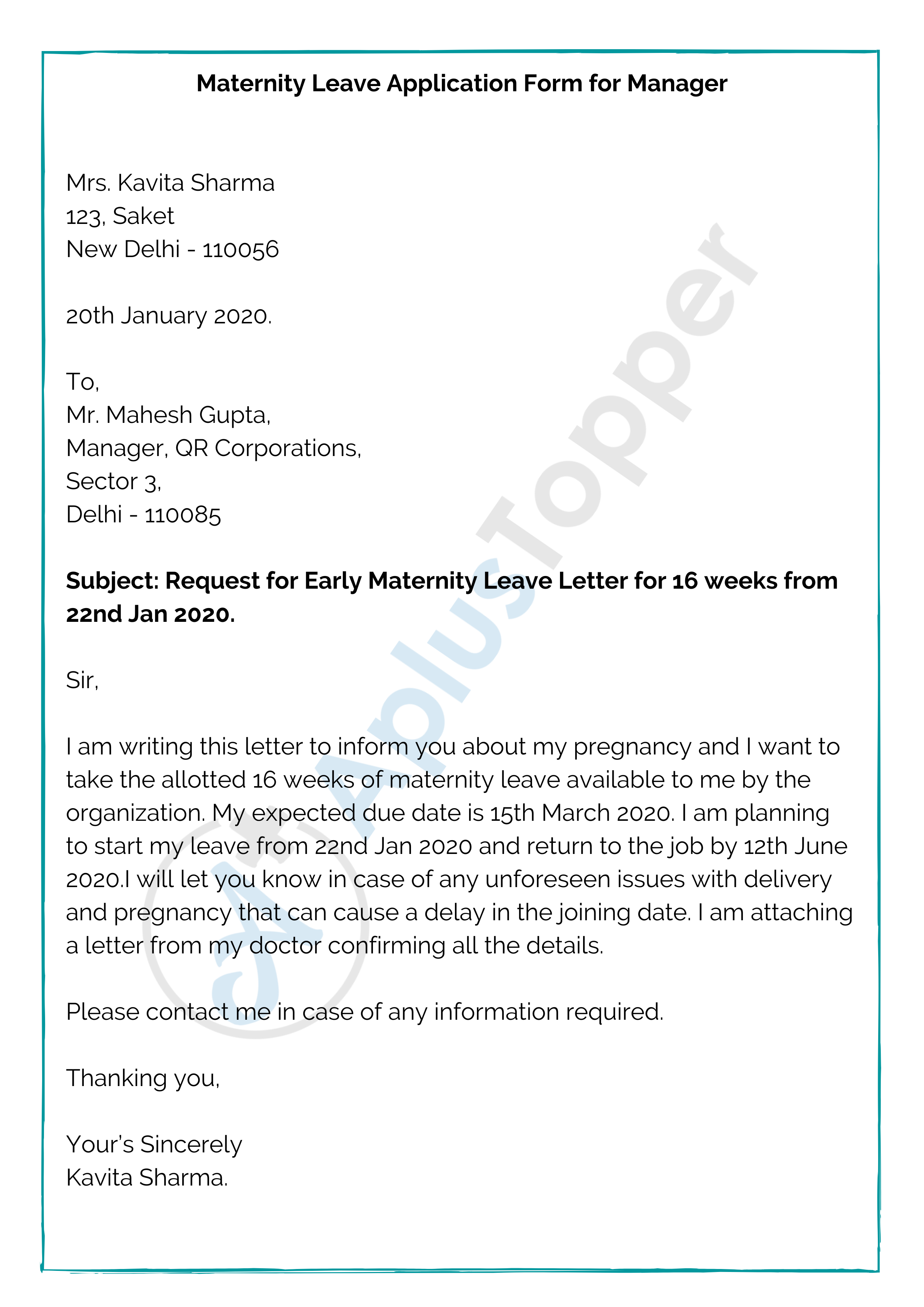 maternity leave application letter for teachers after delivery