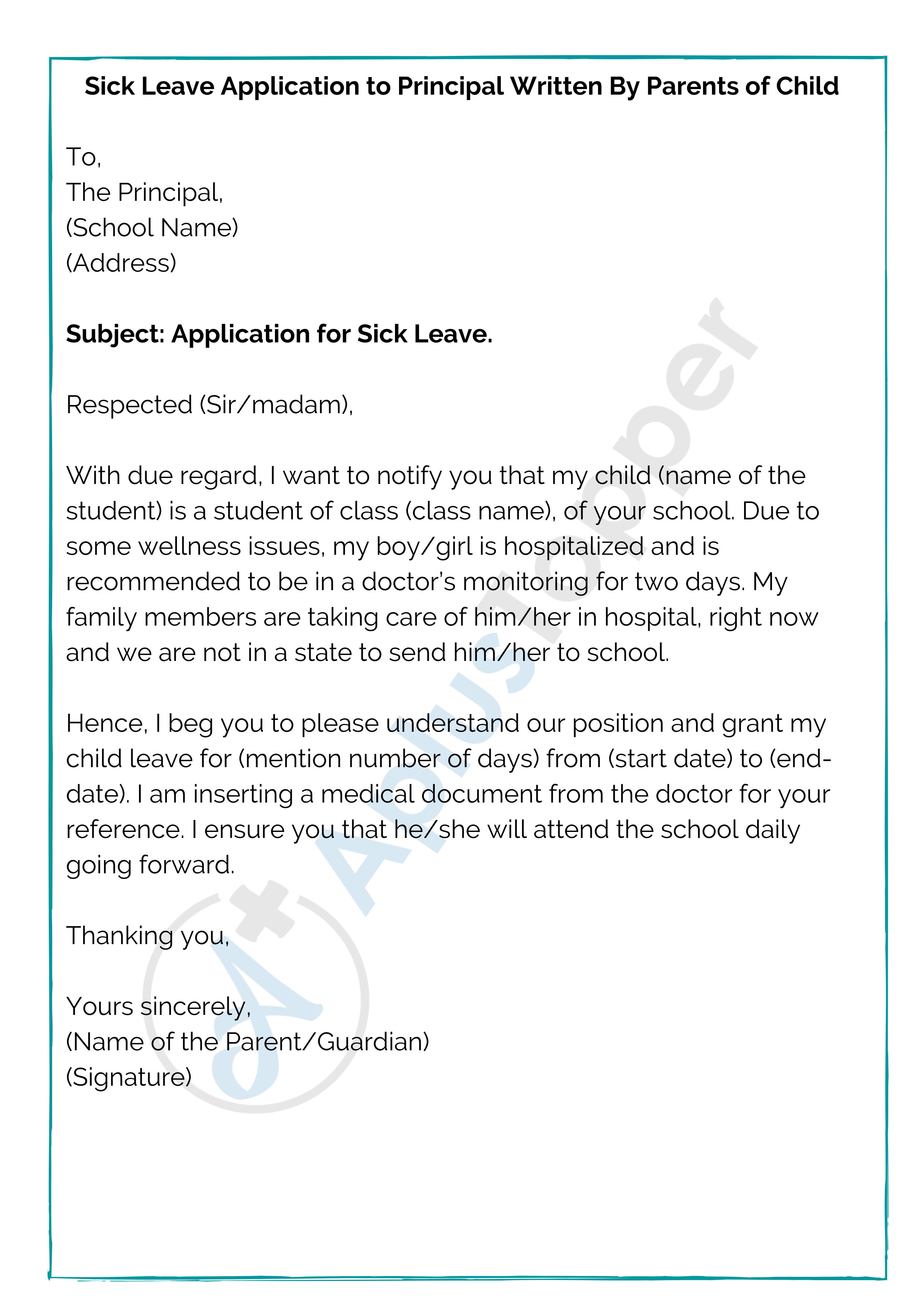 Sick Leave Application to Principal Written By Parents of Child
