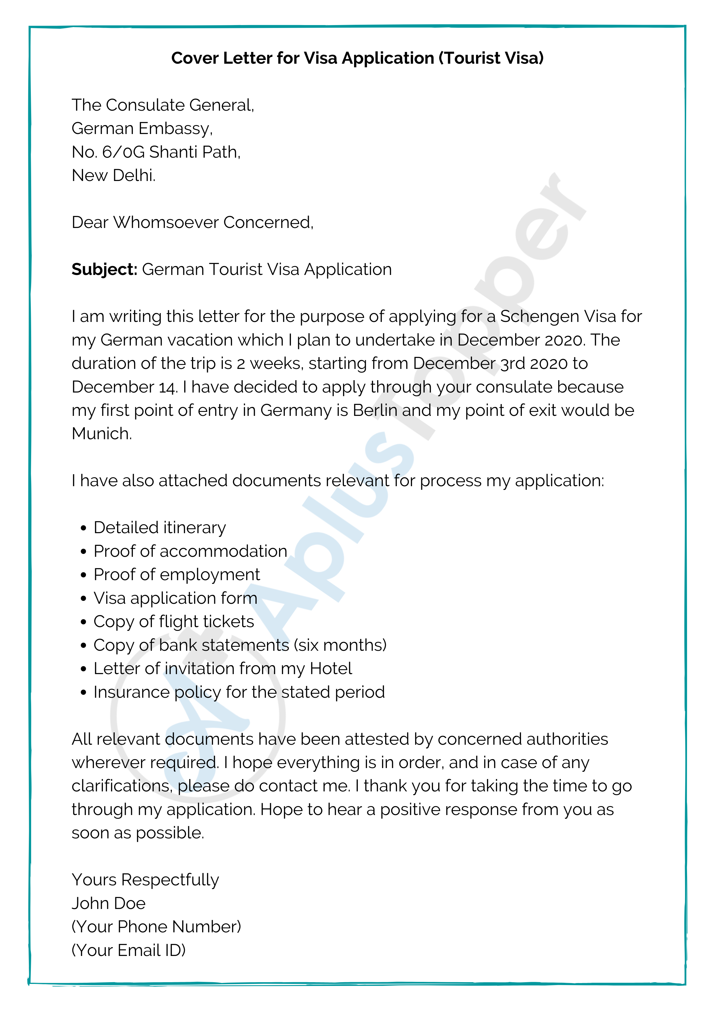 sample cover letter for visitor visa
