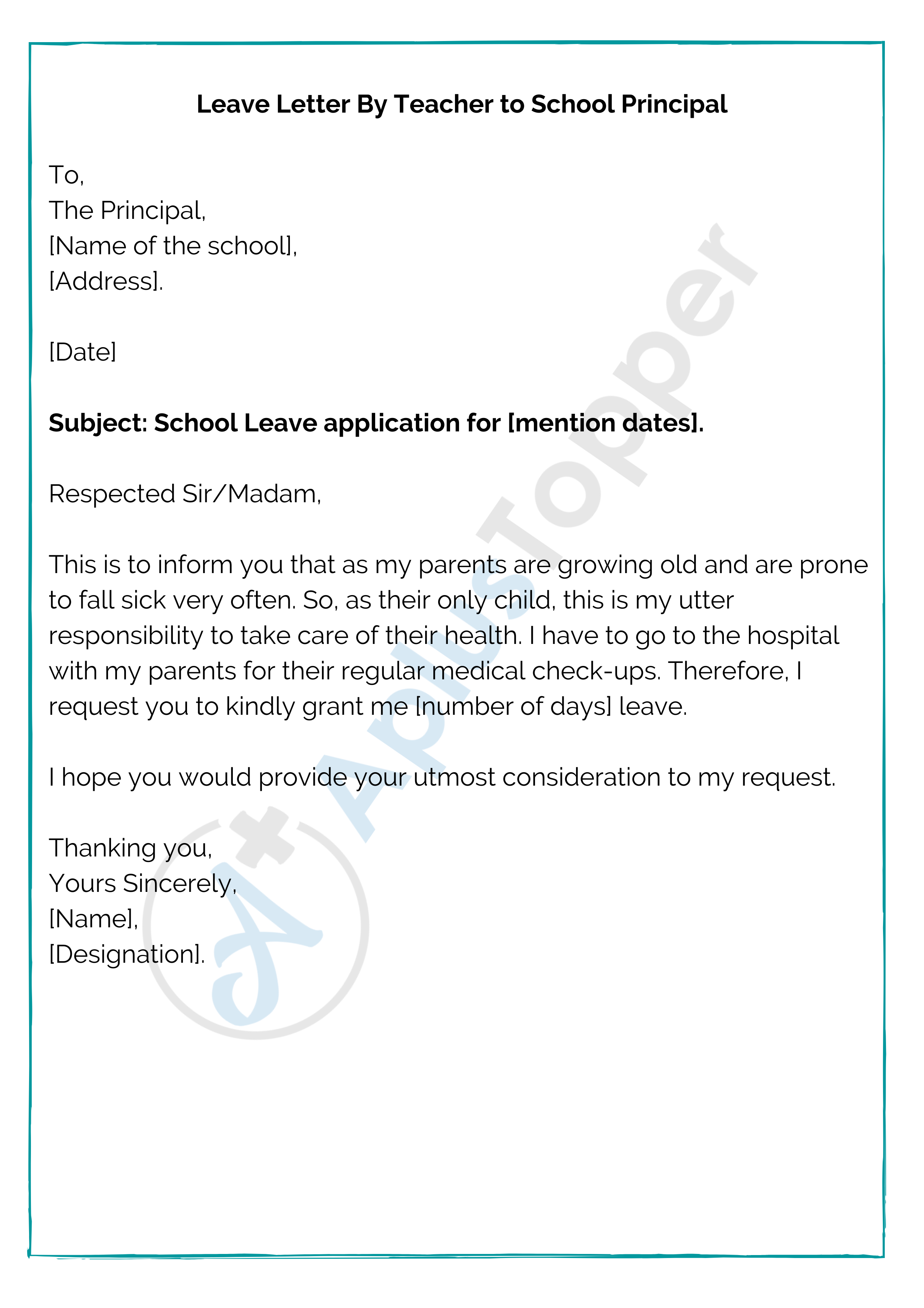 application letter for teacher for leave