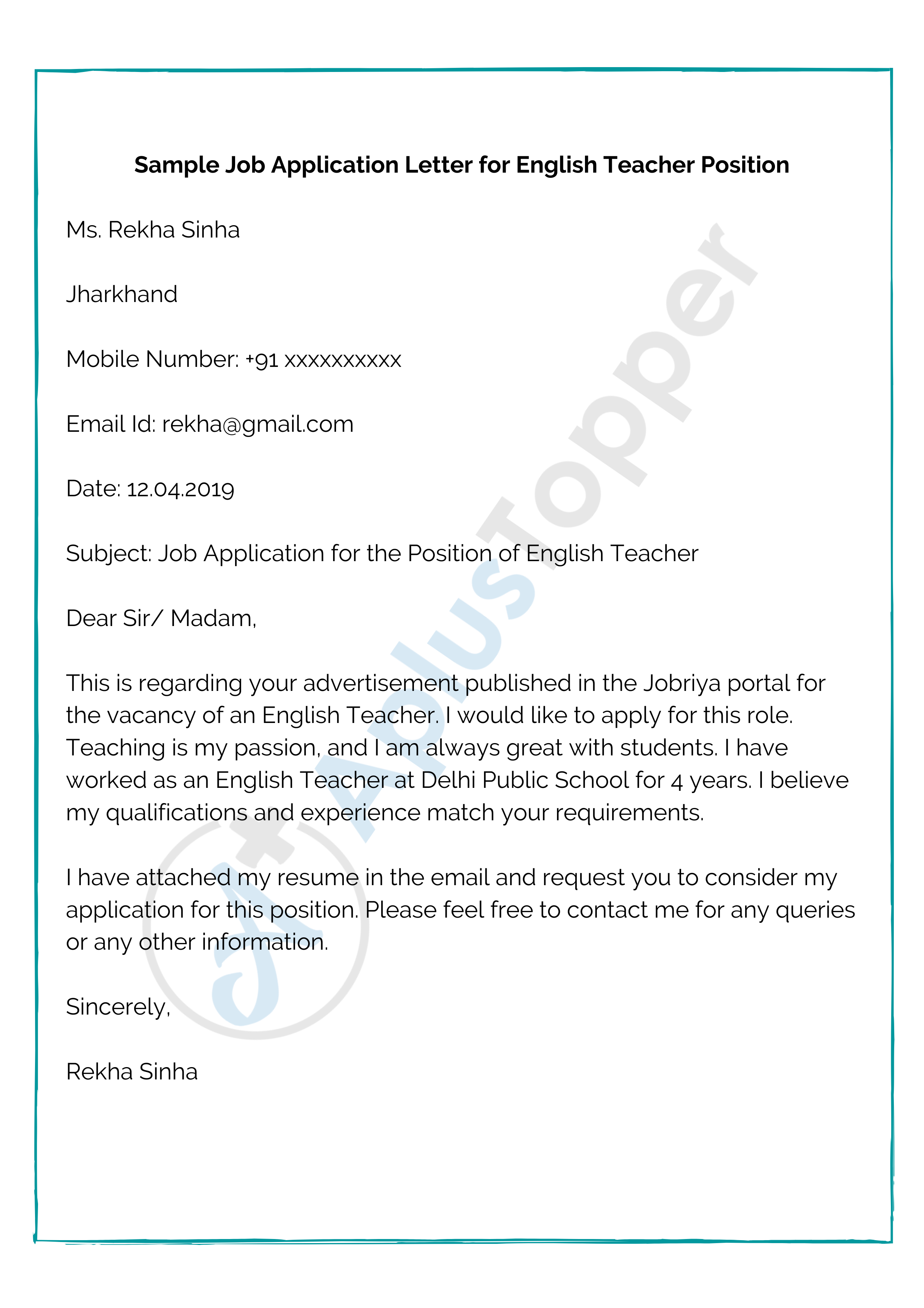 simple job application letter for a teacher
