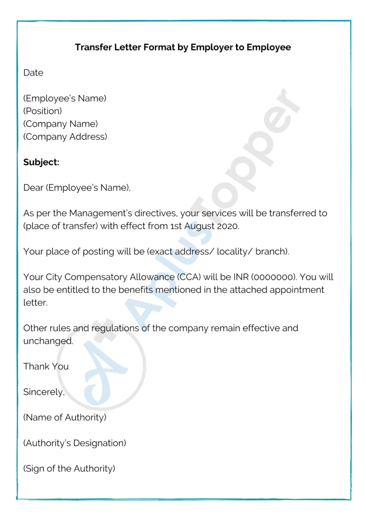 Letter Of Transfer Of Work