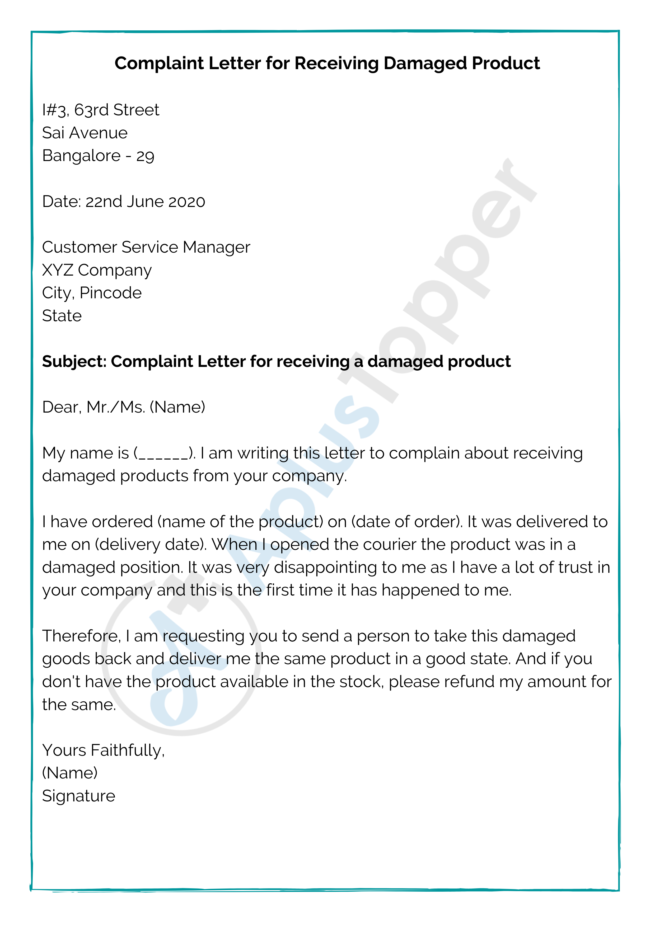 Complaint Letter for Receiving Damaged Goods