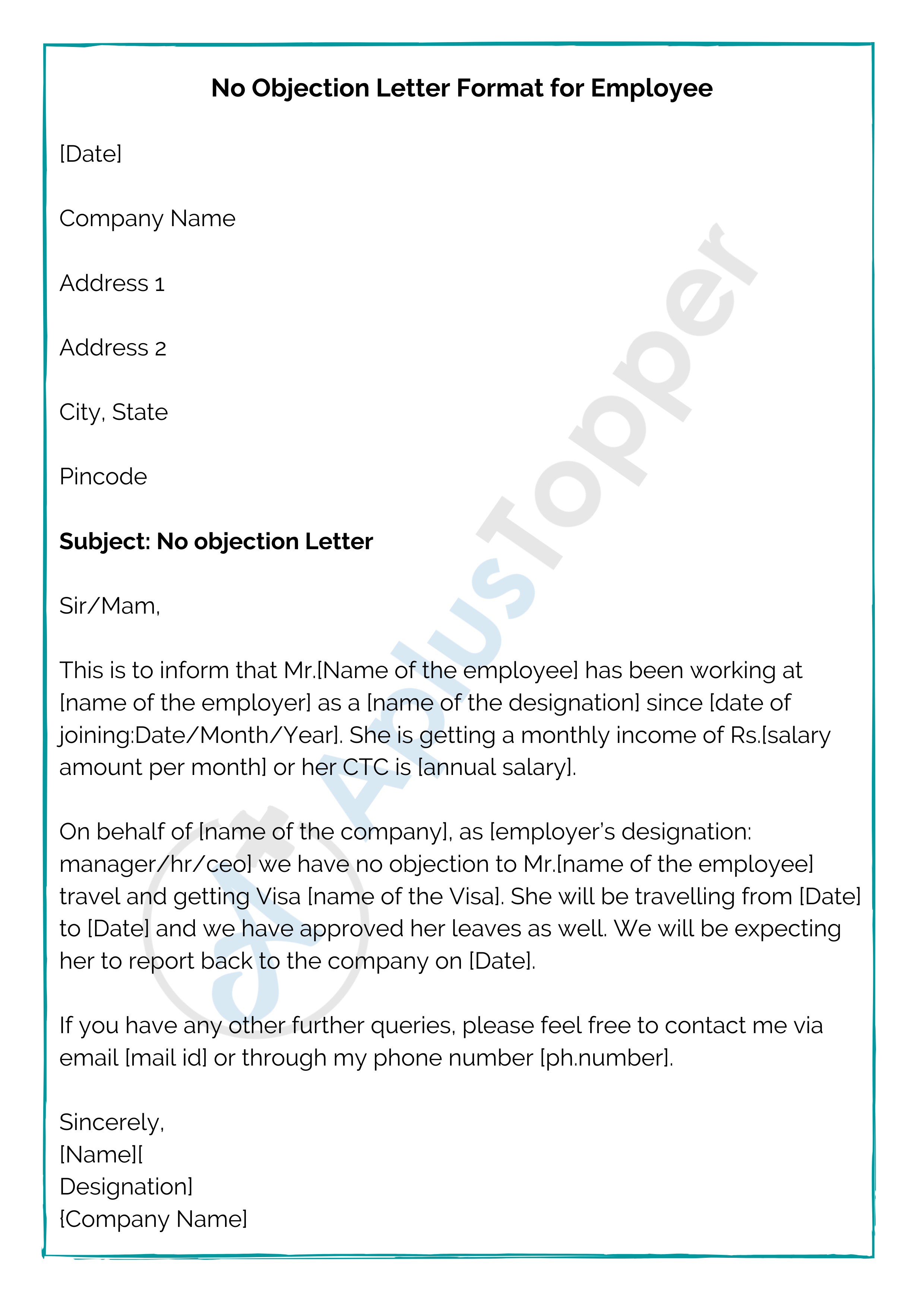 No Objection Letter | Format, Samples, How To Write No Objection Letter? -  A Plus Topper