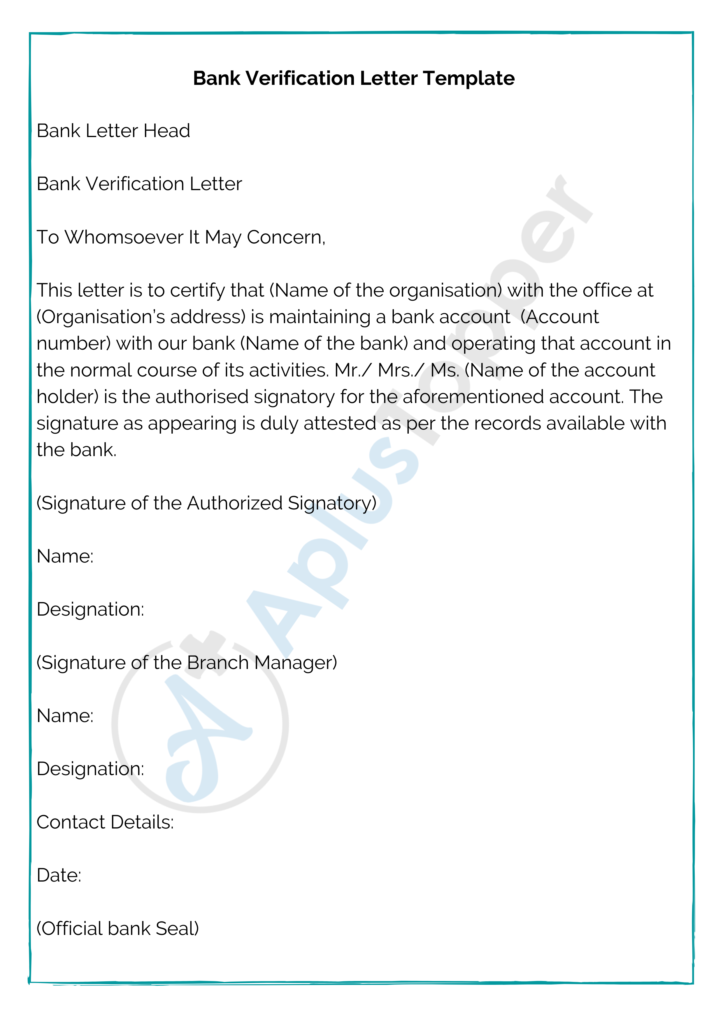 Bank Verification Letter How To Write Bank Verification Letter Format Samples A Plus Topper