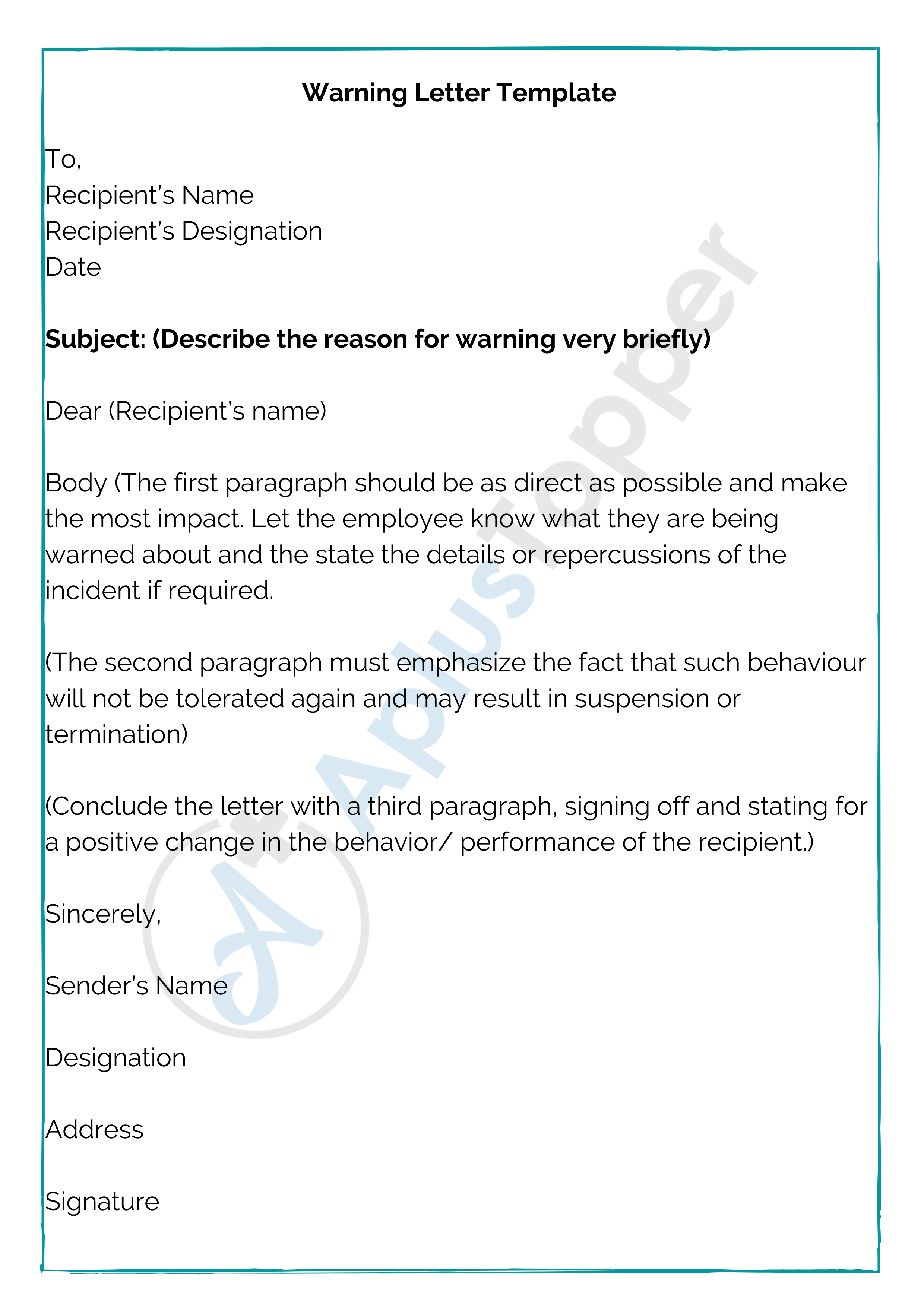 Warning Letter | How To Write a Warning Letter?, Template, Samples - A ...