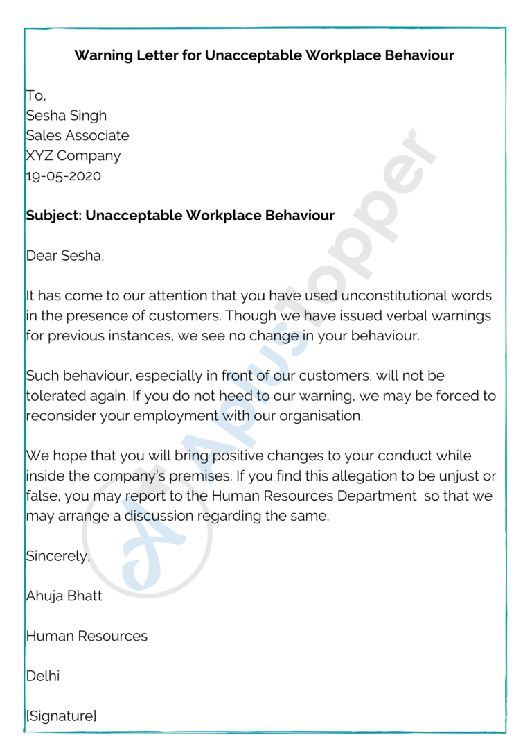 Warning Letter For Unacceptable Workplace Behaviour 768x1086 