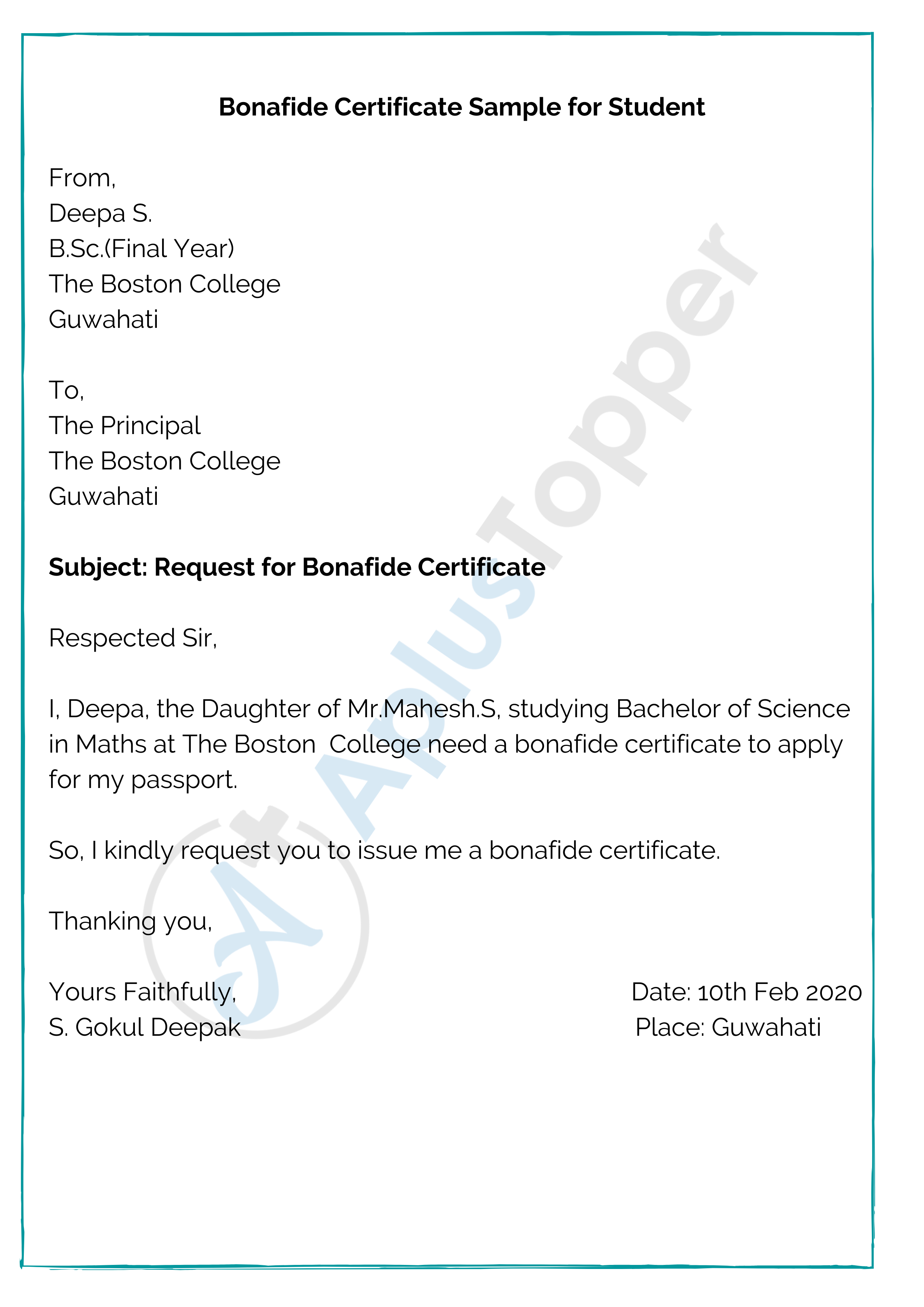 application letter for college bonafide certificate