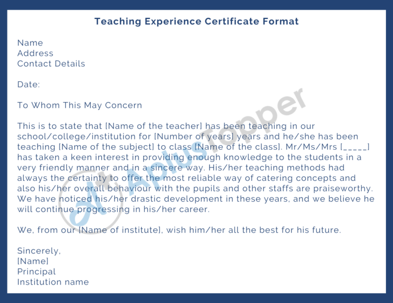 college teaching experience certificate format doc