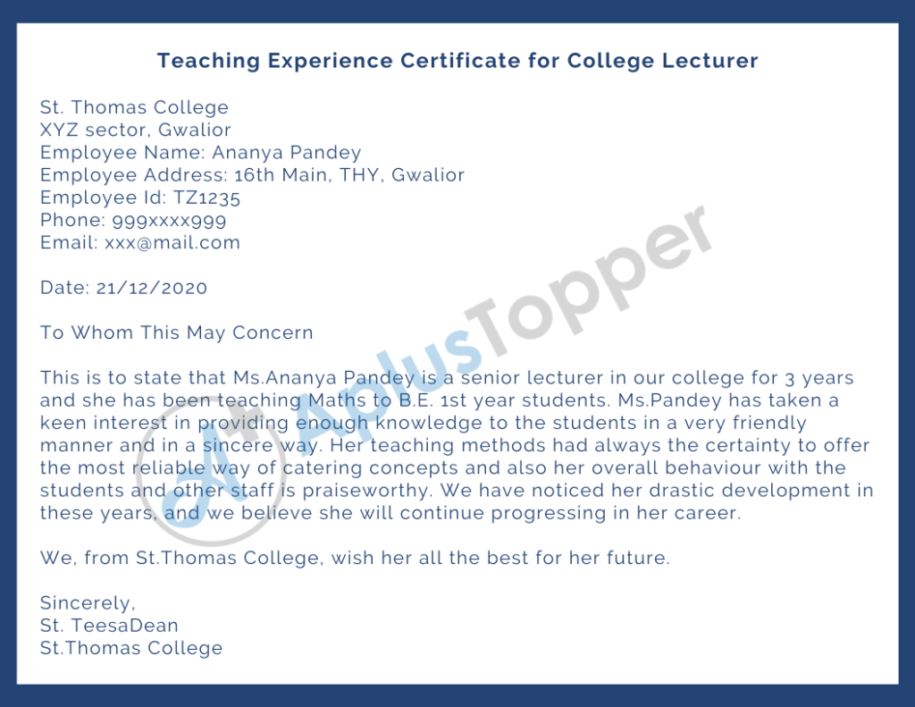 college teaching experience certificate format