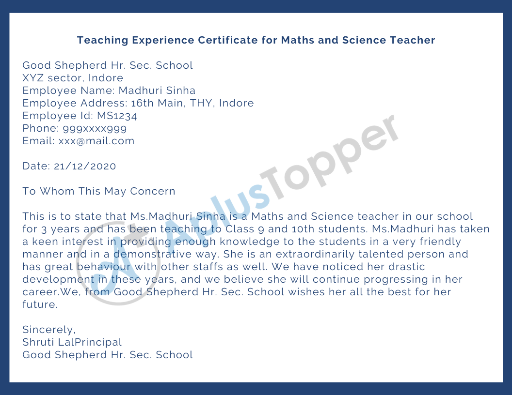 Experience Certificate For School Teacher
