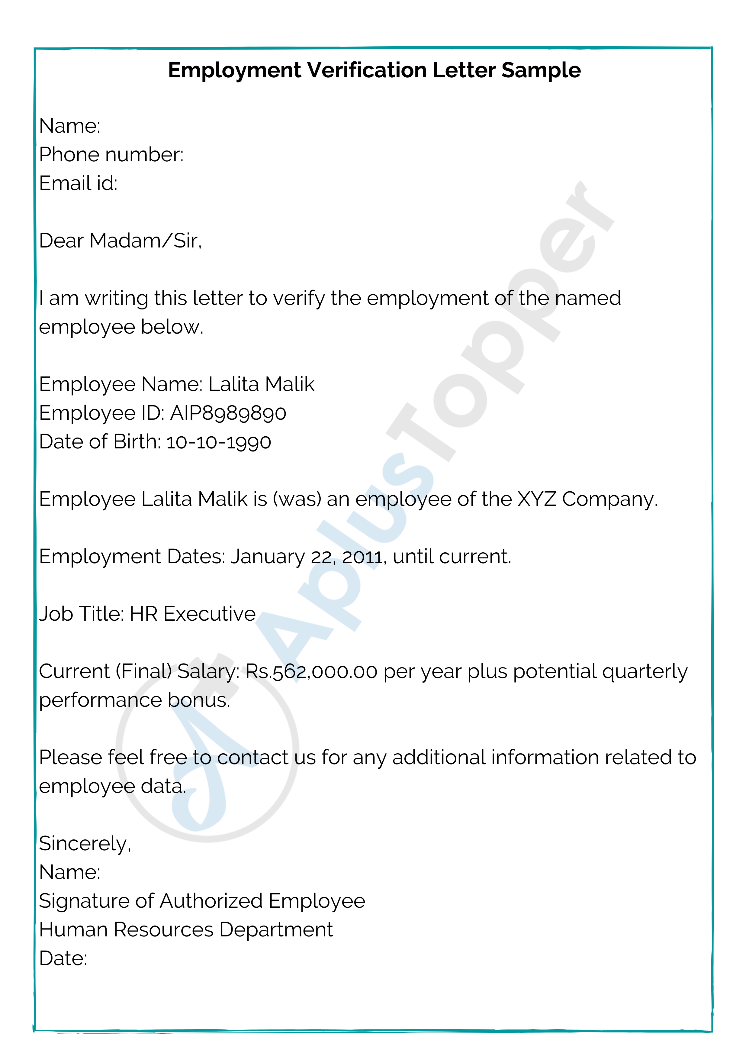 Employment Verification Letter Format Sample And Need Of Employment Verification Letter A Plus Topper