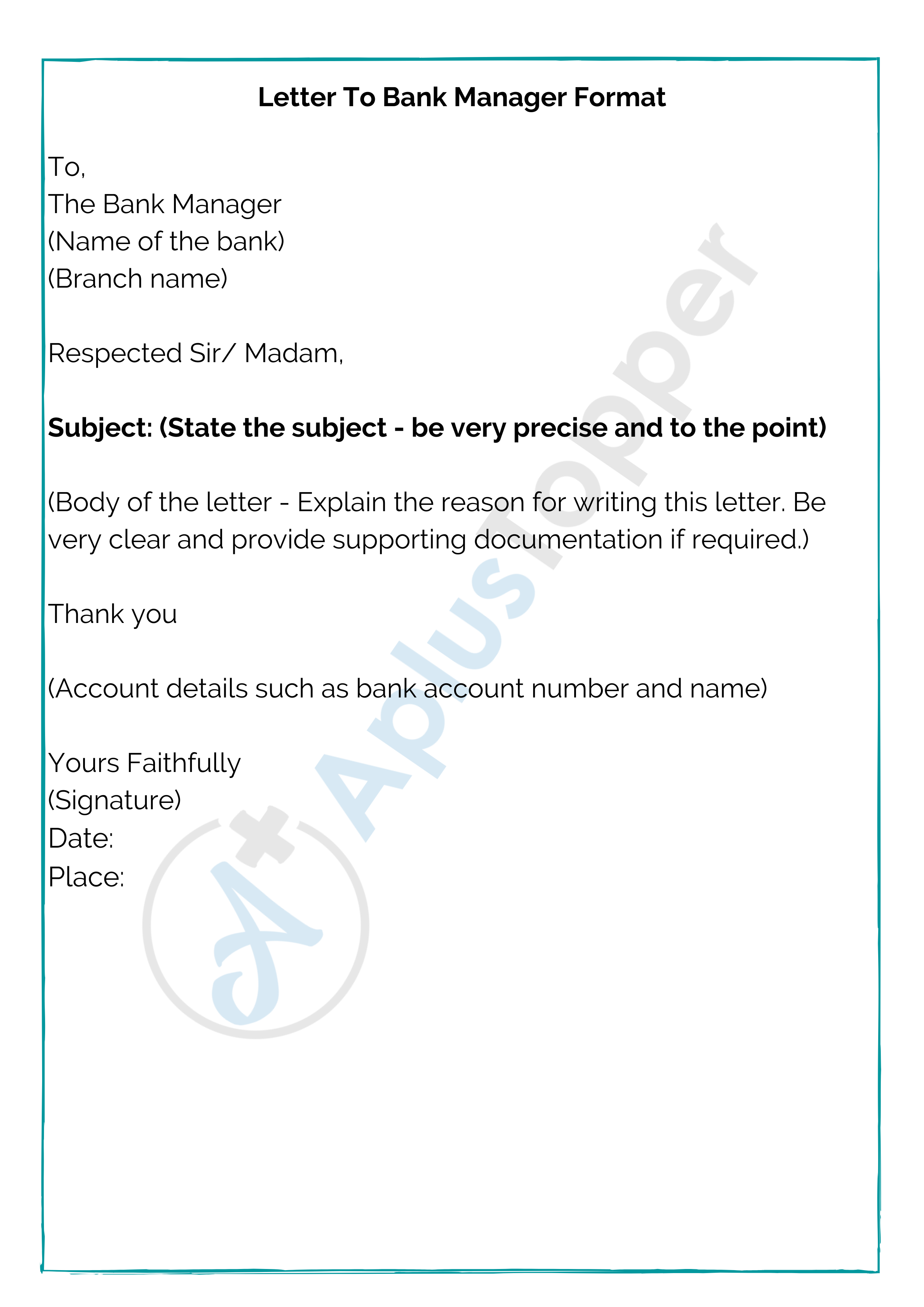 application letter format for bank manager
