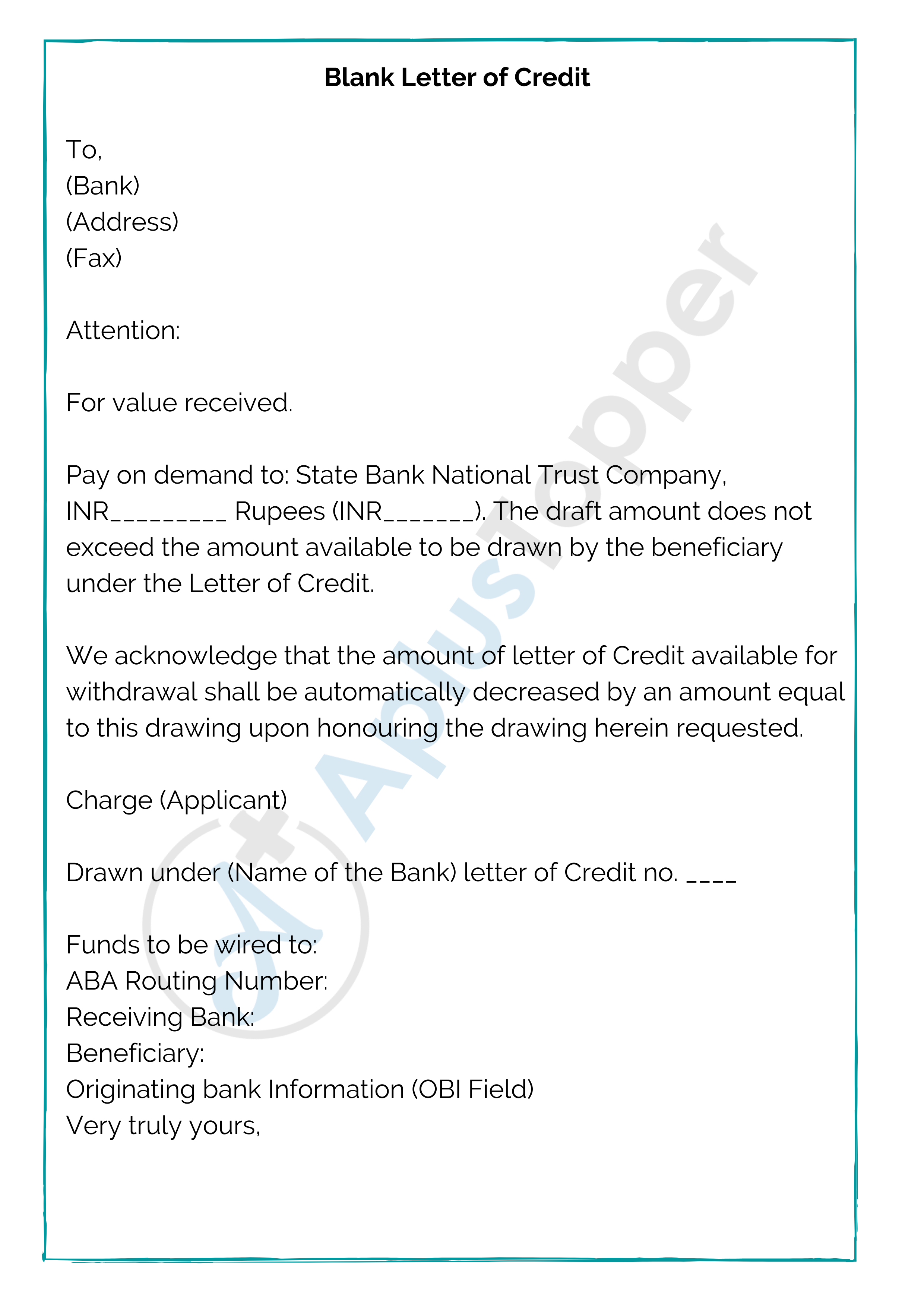 cash cover letter of credit