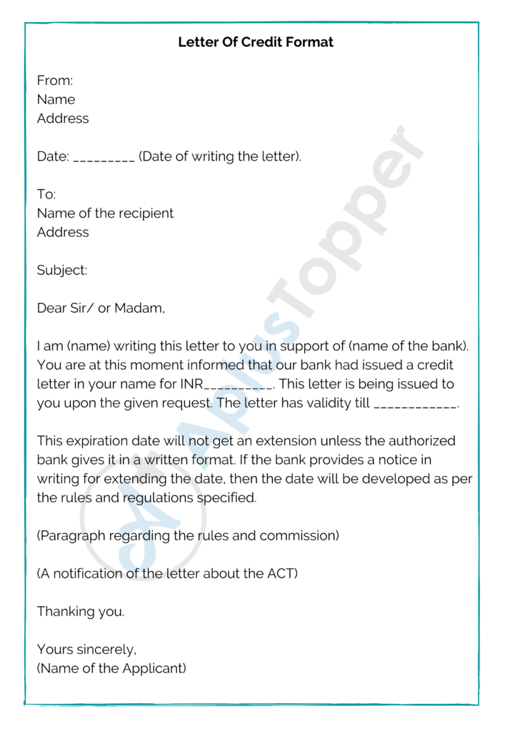 10  Sample Letter of Credit Format Template and Examples of Letter