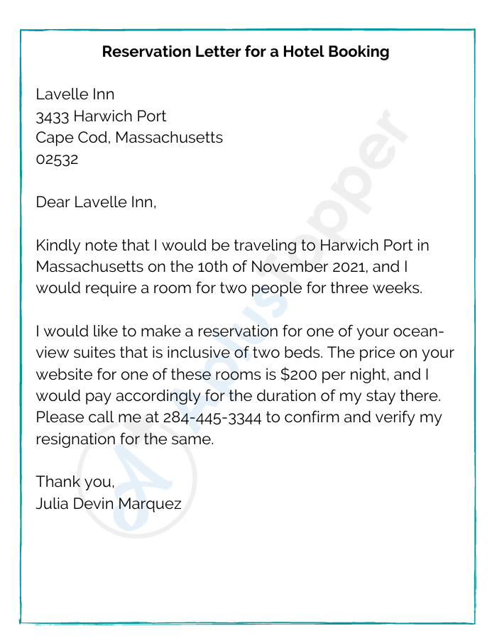 scrisoare de rezervare pentru o rezervare la Hotel