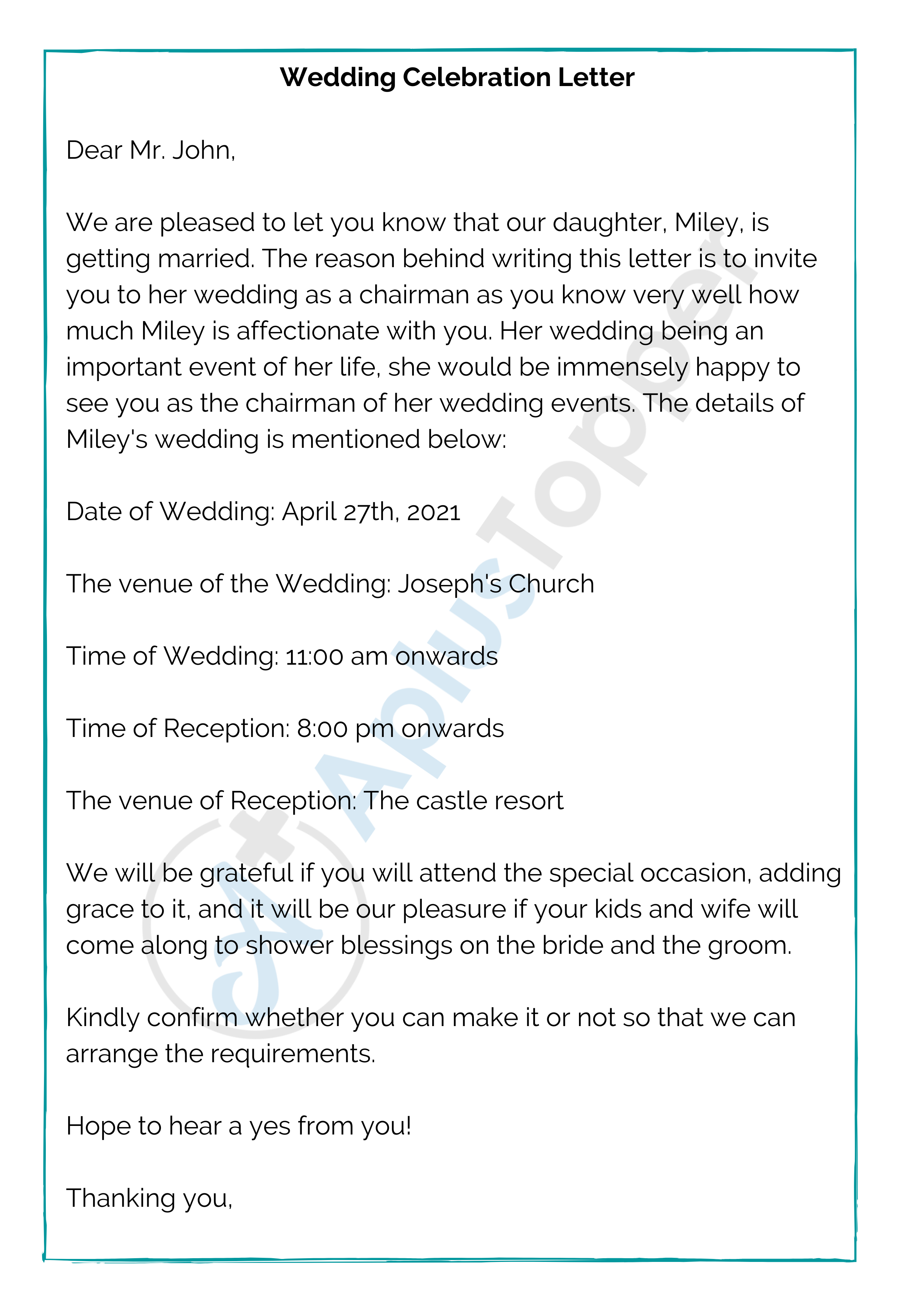 Wedding Celebration Letter